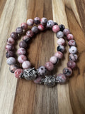 Owl Stretch Bracelet with Pink Zebra Jasper Beads ~ 7” 8mm beads