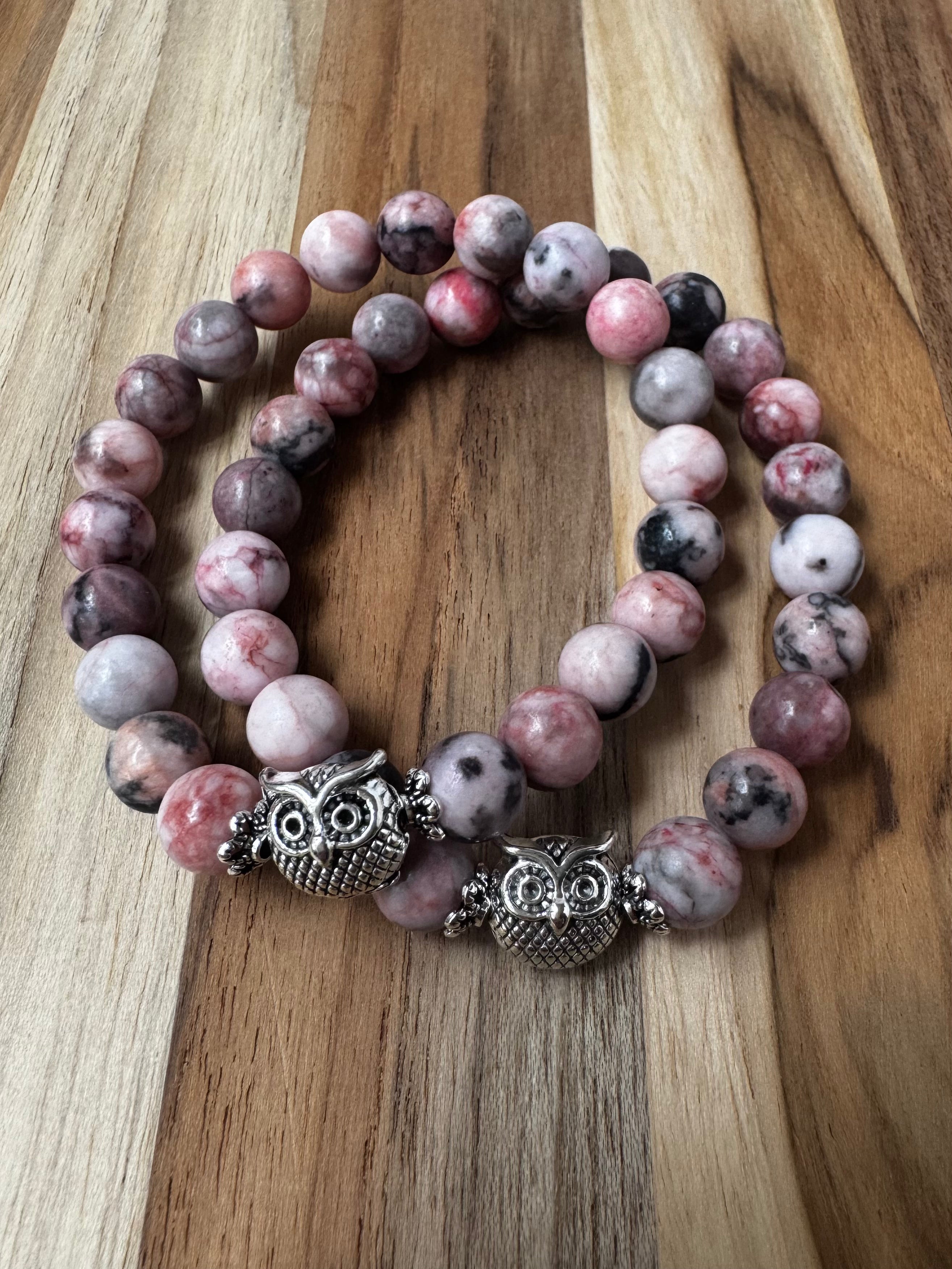 Owl Stretch Bracelet with Pink Zebra Jasper Beads ~ 7” 8mm beads