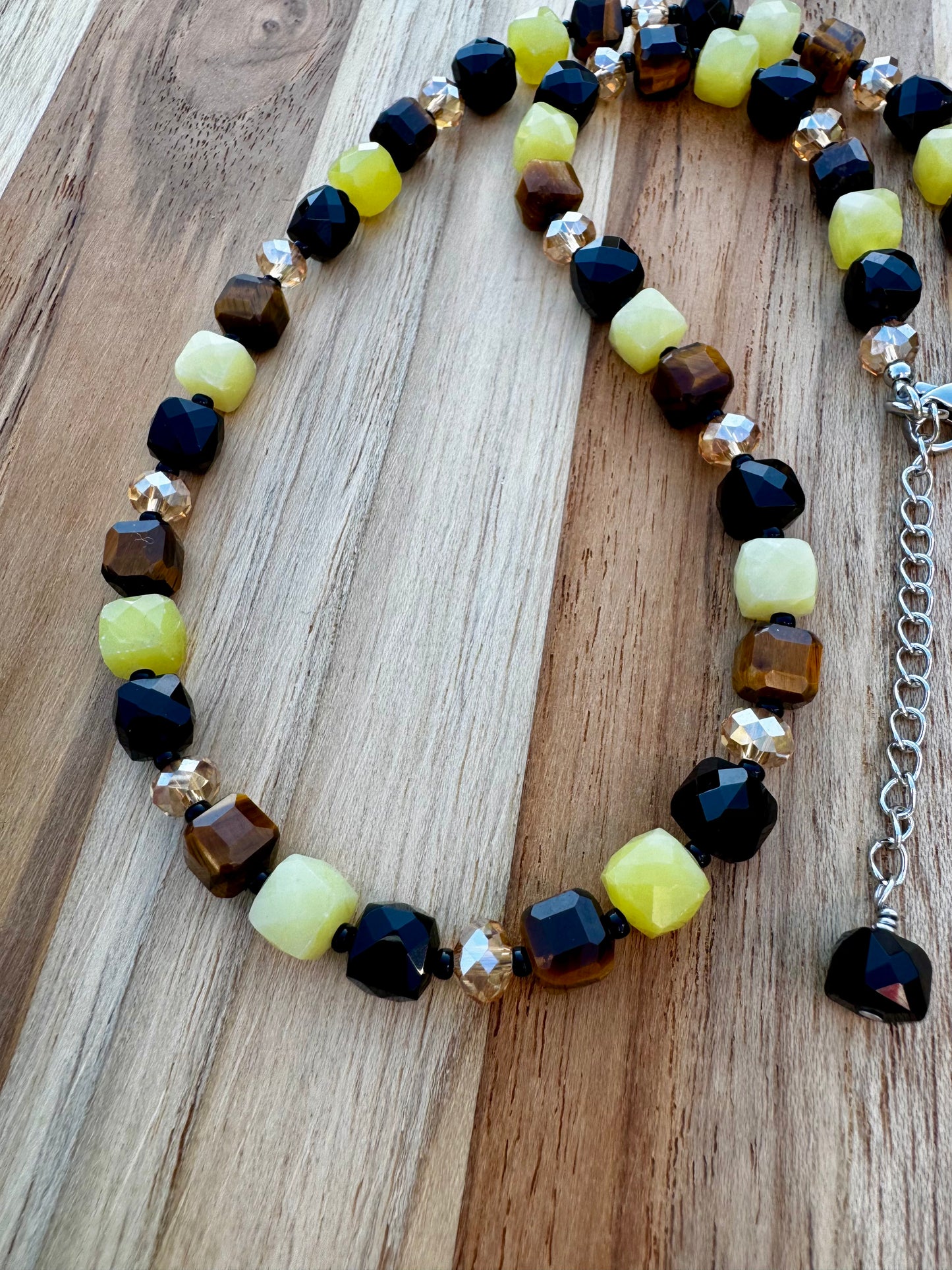 Cube Necklace with Lemon Jade Tigereye Black Obsidian and Crystal Beads ~ Stainless Steel