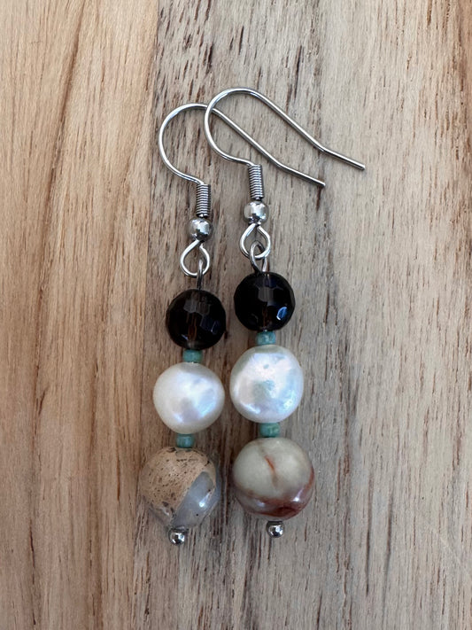 Peruvian Green Opal and White Pearl Dangle Earrings