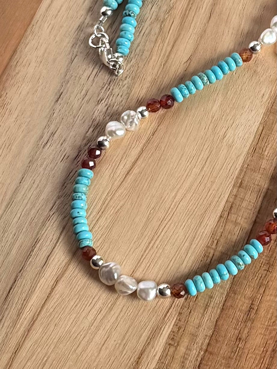 Dainty Nevada Turquoise Beaded Necklace with Orange Garnet and Keshi Pearls