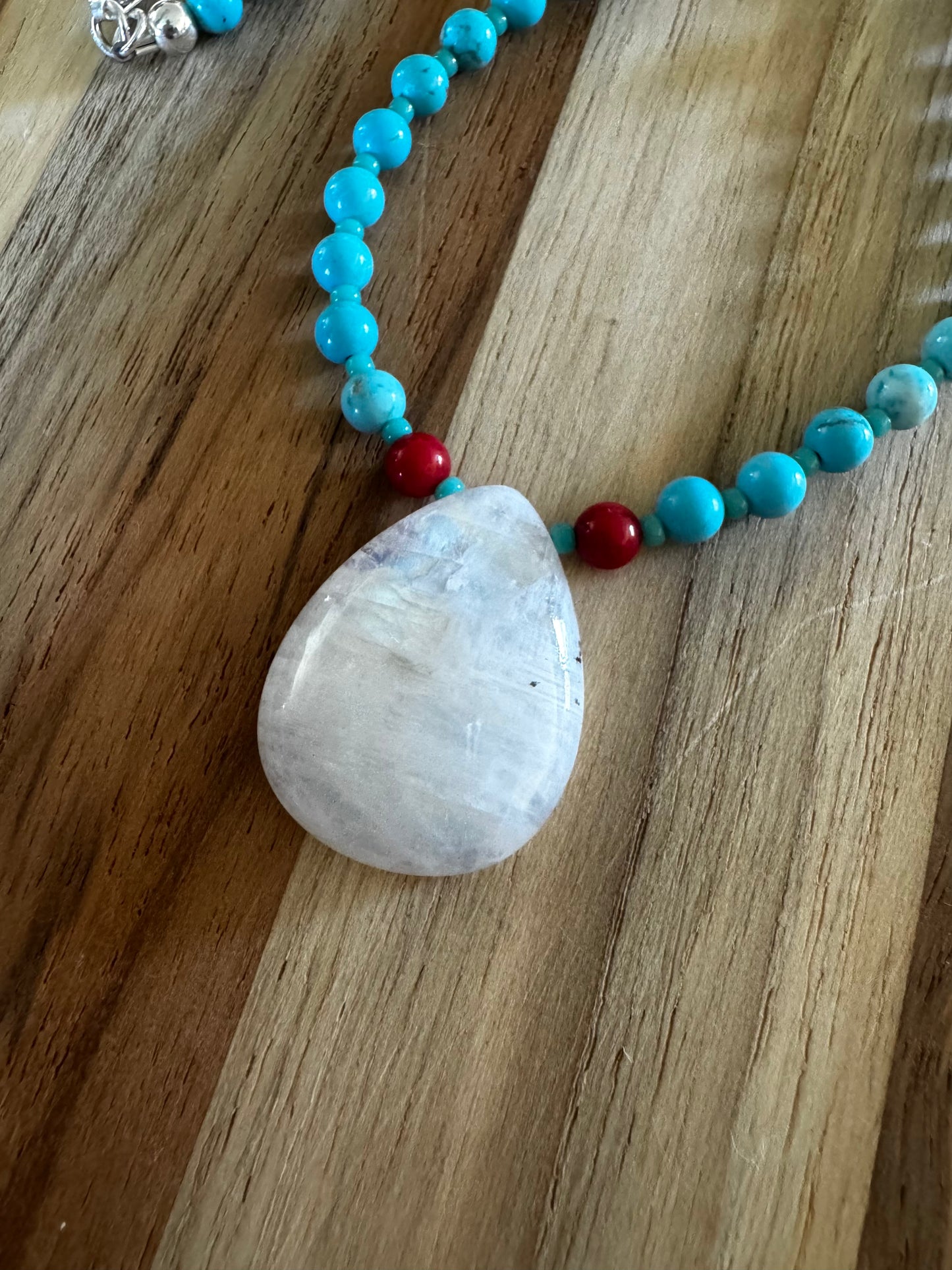 Dainty Moonstone Pendant Necklace with Turquoise and Coral Beads ~ Sterling Silver