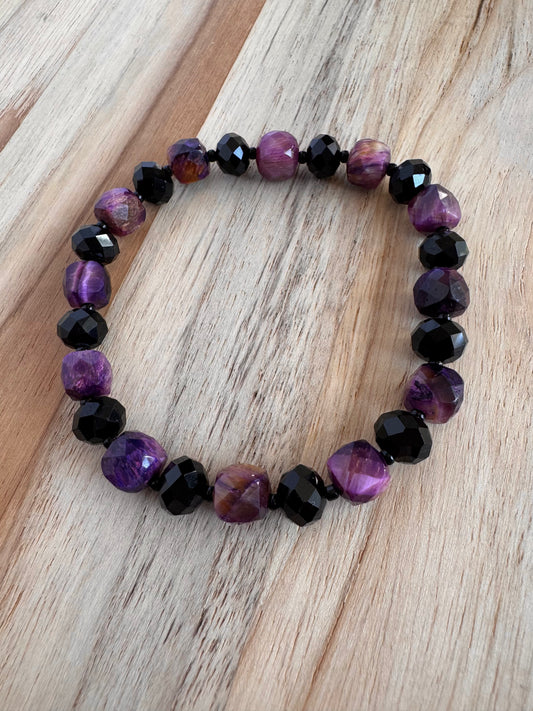 Purple Tigereye Beaded Stretch Bracelet with Black Crystal Beads