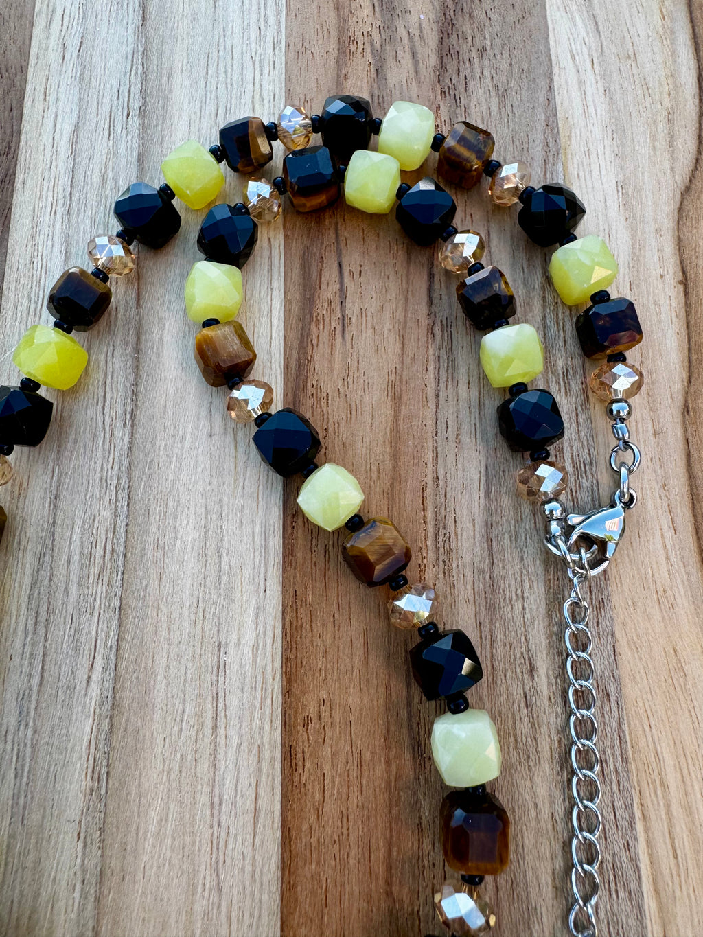 16” Cube Style Necklace with Lemon Jade Tigereye Black Obsidian and Crystal Beads ~ Stainless Steel