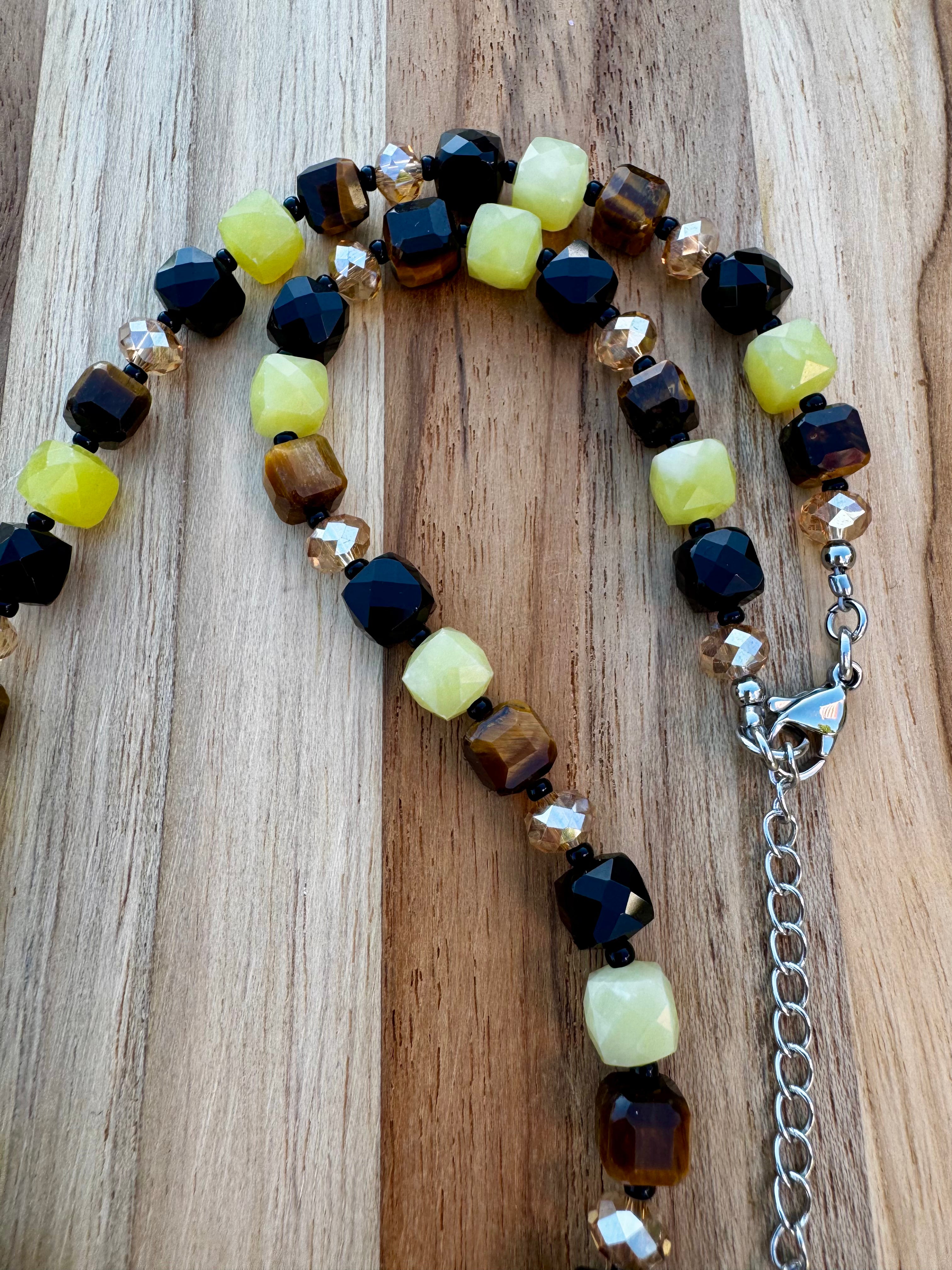16” Cube Style Necklace with Lemon Jade Tigereye Black Obsidian and Crystal Beads ~ Stainless Steel