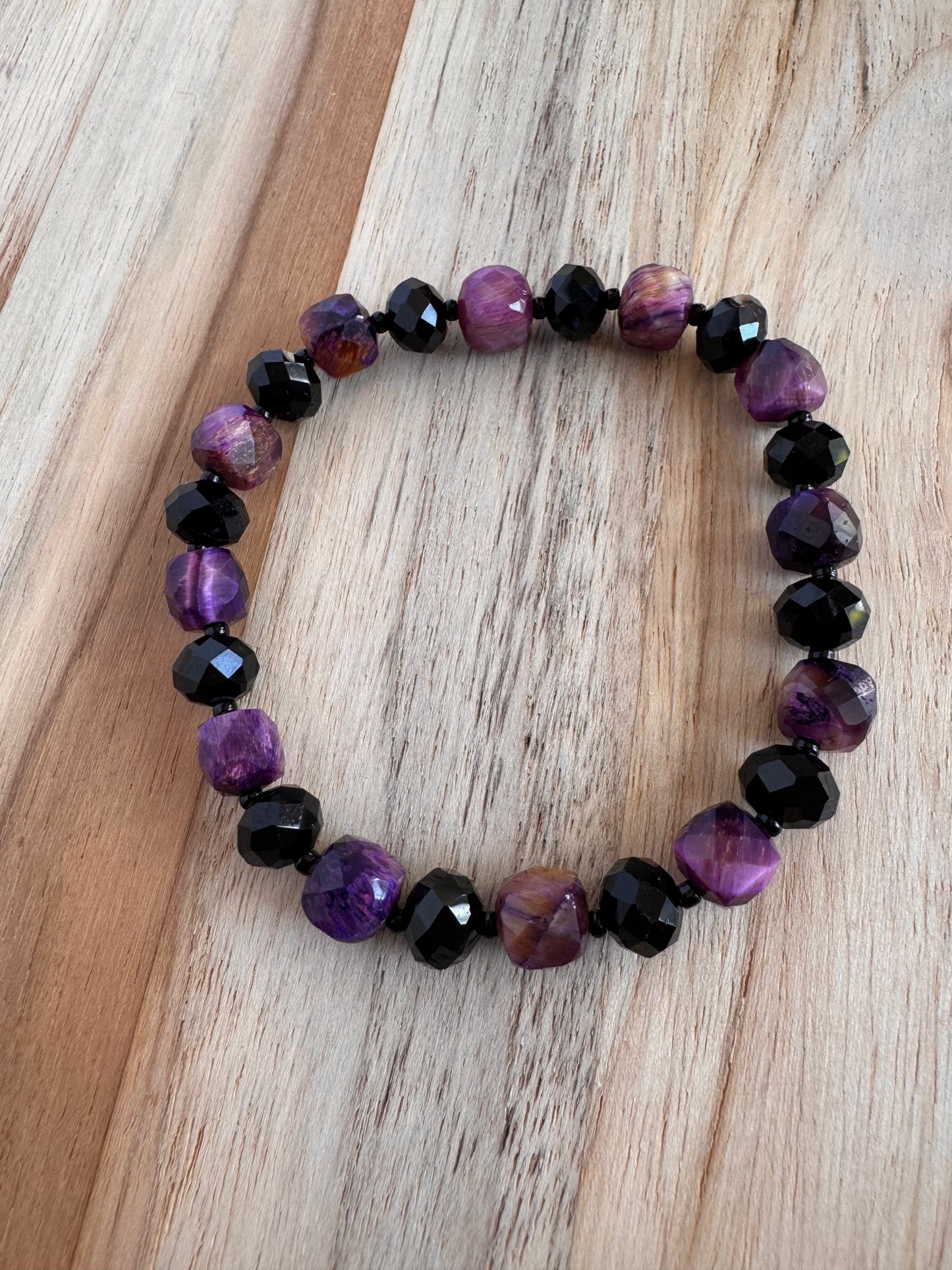 Purple Tigereye Beaded Stretch Bracelet with Black Crystal Beads