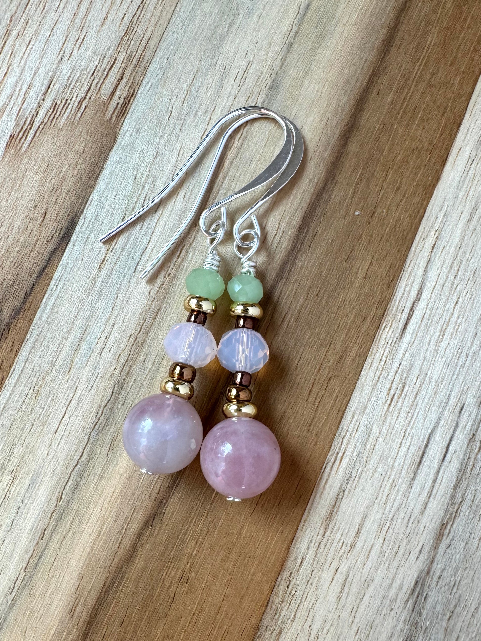 Madagascar Rose Quartz Silver Plated Dangle Earrings with Pink and Green Crystal Glass Beads - My Urban Gems