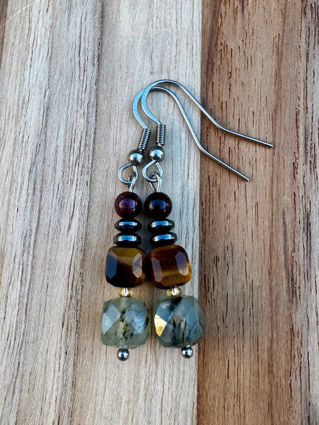 Dangle Earrings with Prehnite Tigereye Garnet and Hematite ~ Stainless steel