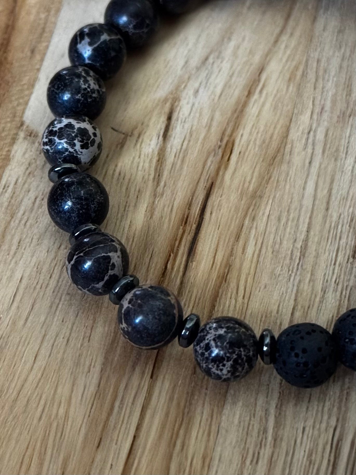Men’s/Unisex Aromatherapy Beaded Stretch Bracelet with Black Sea Sediment Jasper & Lava Stone ~ 7.5”