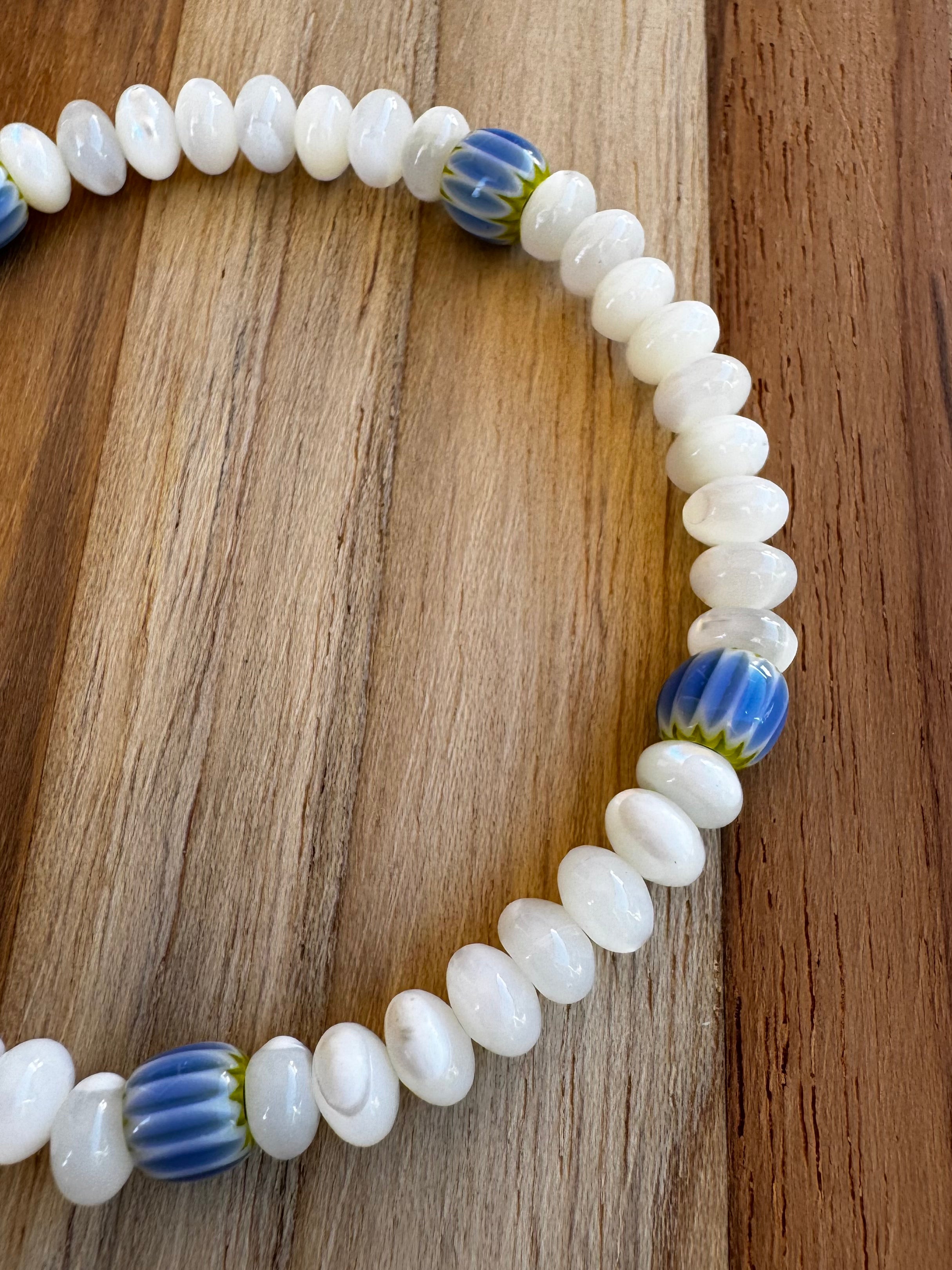 Dainty Mother of Pearl Shell Stretch Bracelet with Blue Cane Glass ~ 7”
