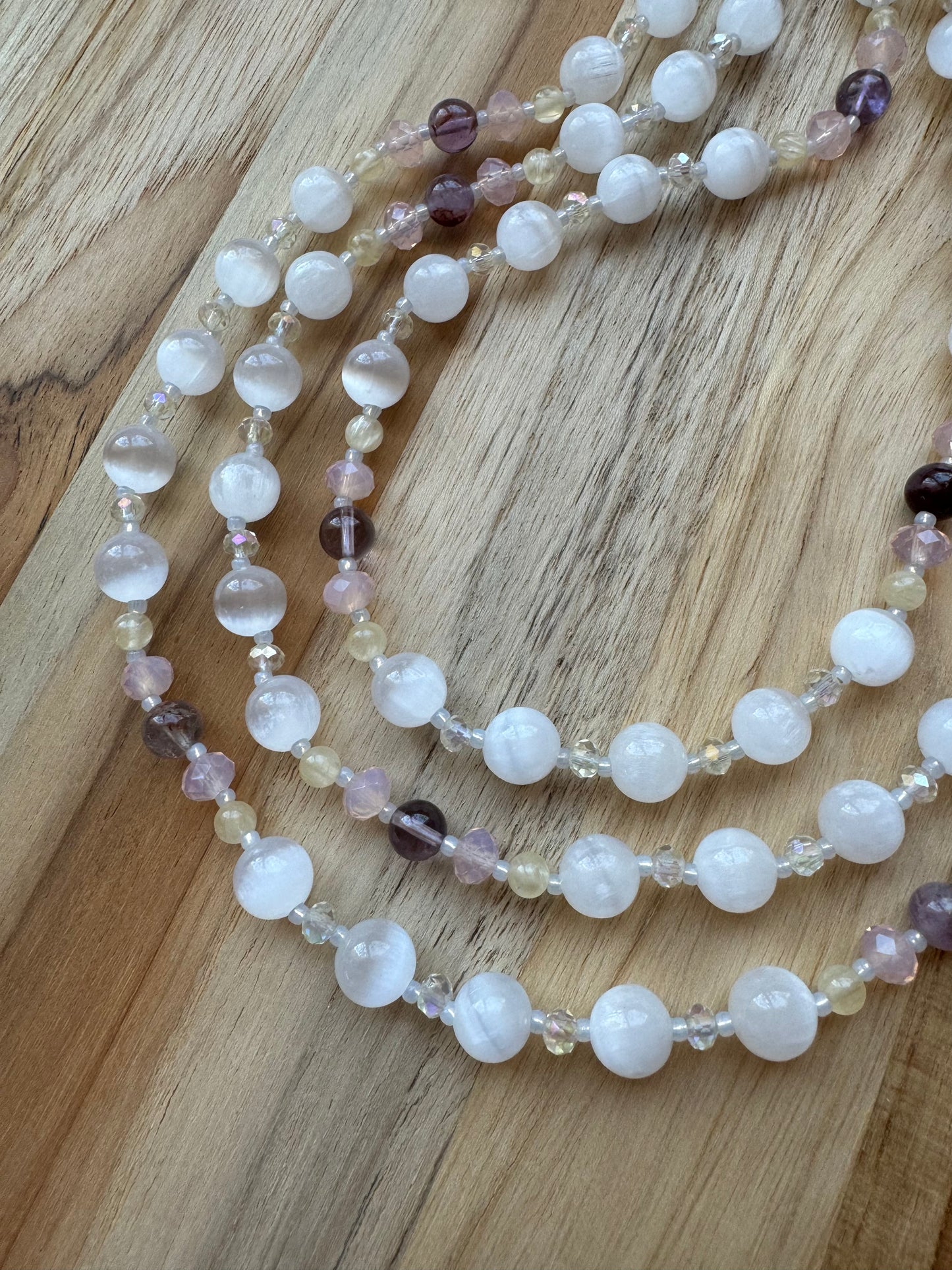 Extra Long 60” Wraparound Style White and Yellow Selenite Beaded Necklace with Super 7 and Crystal Beads