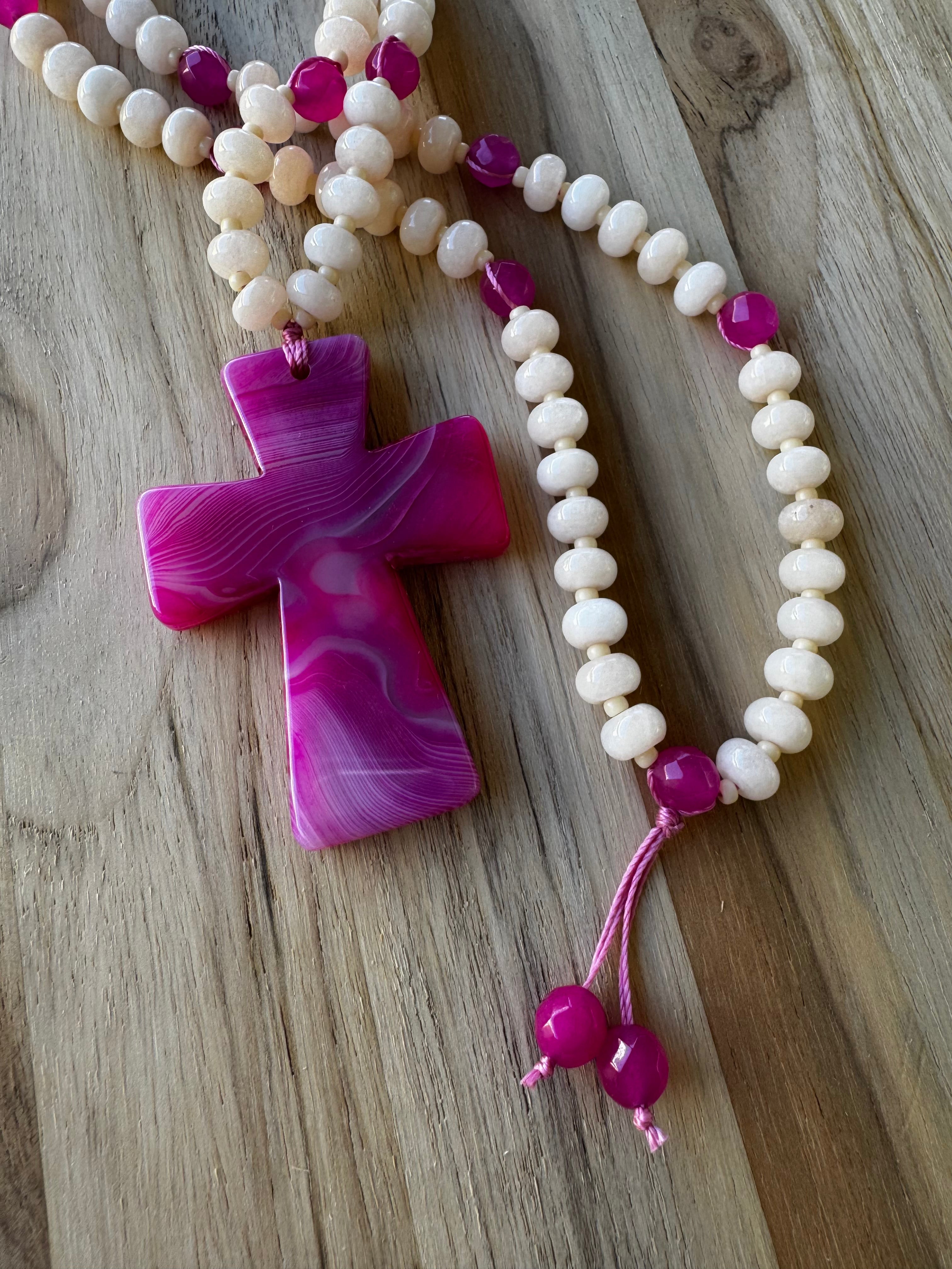26” Long Pink Agate Cross Beaded Necklace with Ivory Jade and Agate Beads