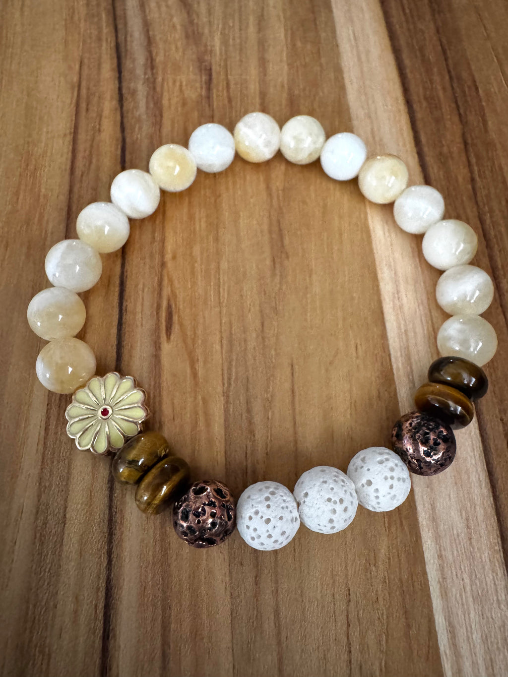 Aromatherapy Diffuser Stretch Bracelet with White/Yellow Jade Tigereye and White Lava Stone Beads ~ 7”