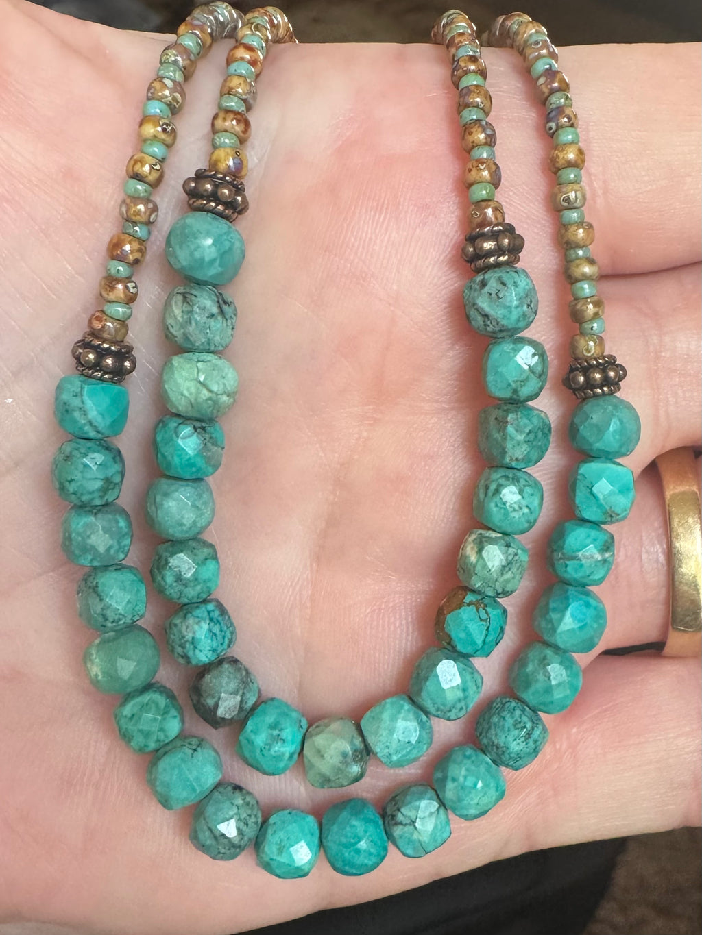 Dainty Turquoise Cube Beaded Necklace with Copper and Seed Beads