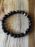 Men’s/Unisex Aromatherapy Beaded Stretch Bracelet with Black Agate & Lava Stone ~ 7.5”