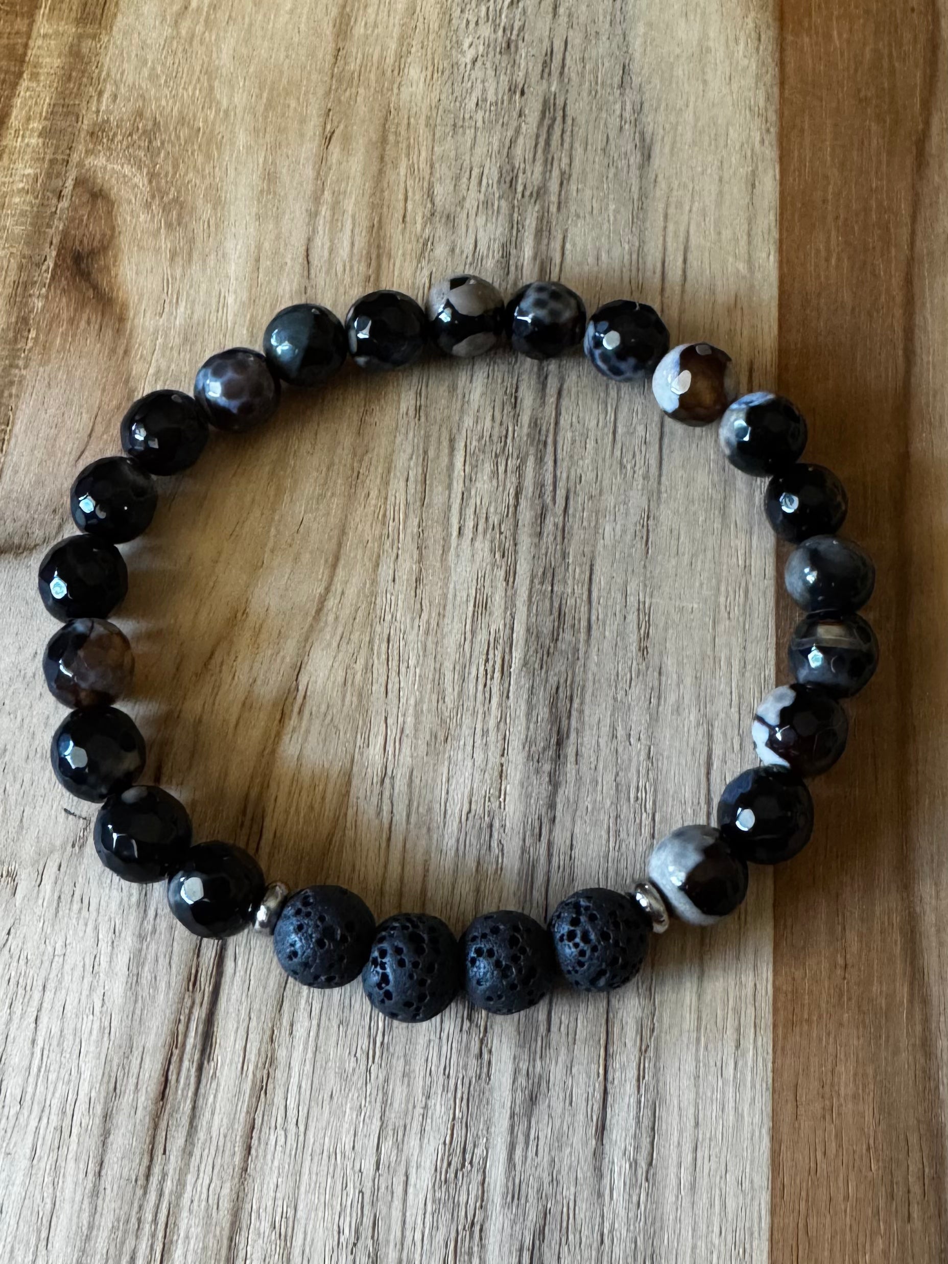 Men’s/Unisex Aromatherapy Beaded Stretch Bracelet with Black Agate & Lava Stone ~ 7.5”