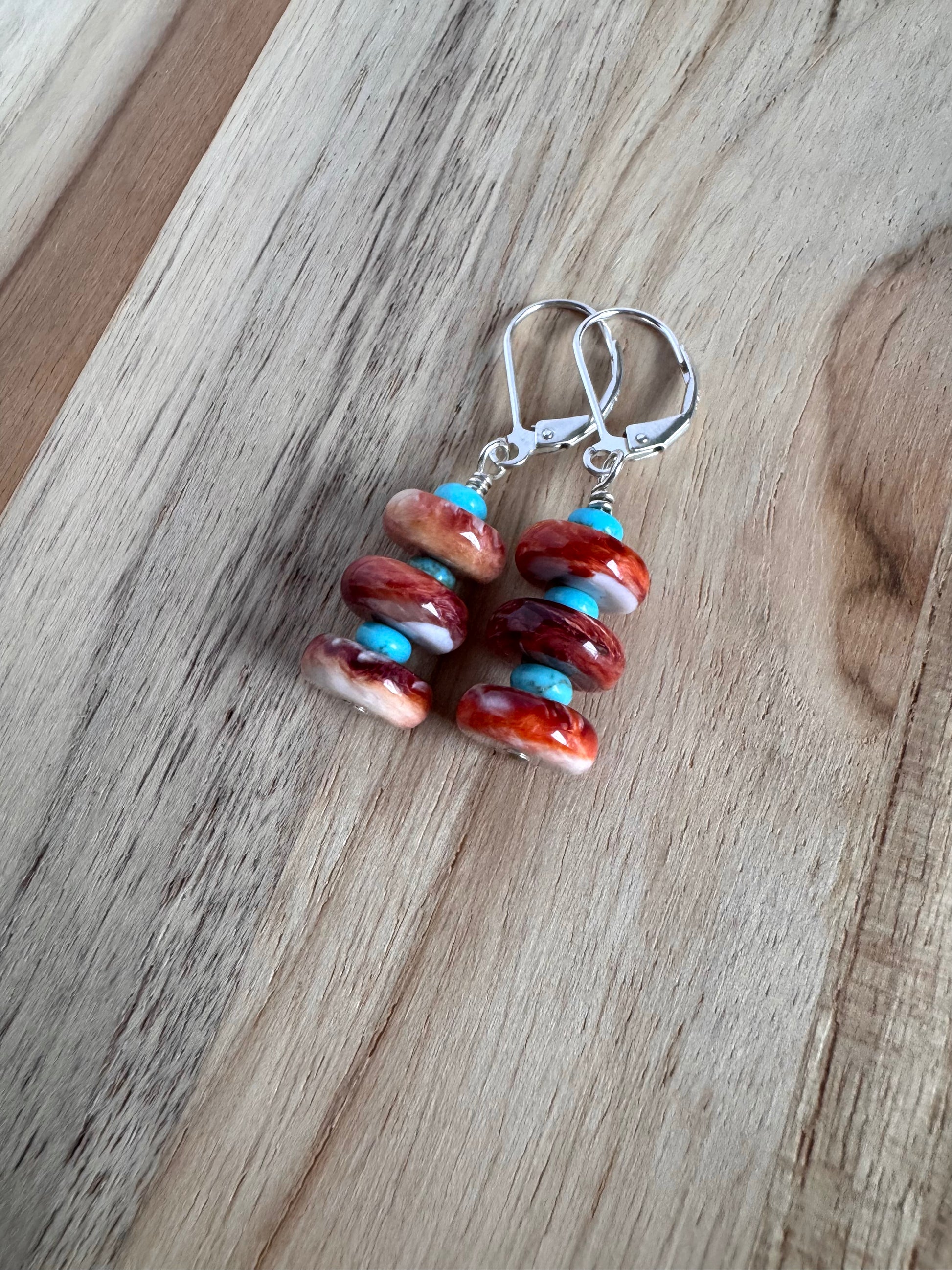 Orange Spiny Oyster Dangle Earrings with Nevada Turquoise ~ Sterling Silver