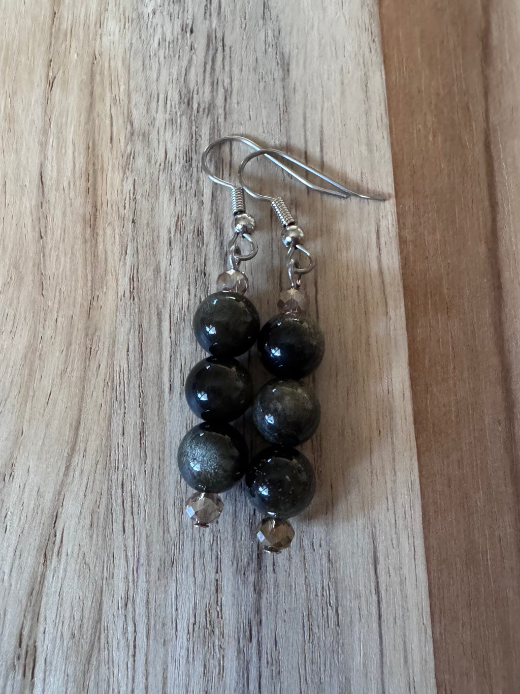 Gold Obsidian Beaded Dangle Earrings with Crystal Accent Beads