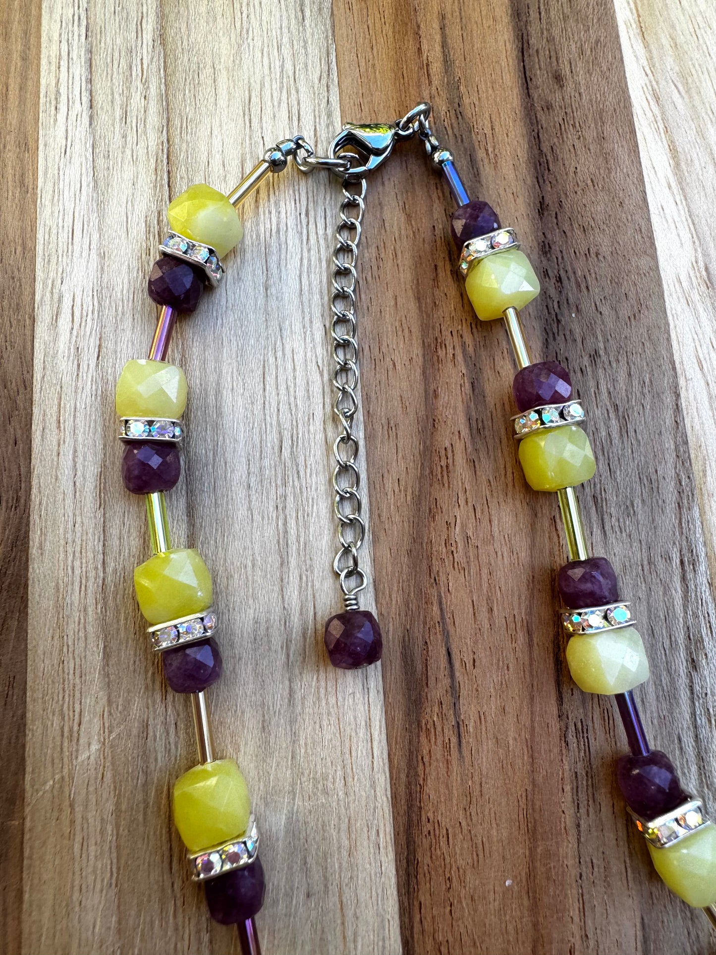16” Lemon Jade and Purple Garnet Cube Style Necklace with Crystal Rondelles ~ Stainless steel