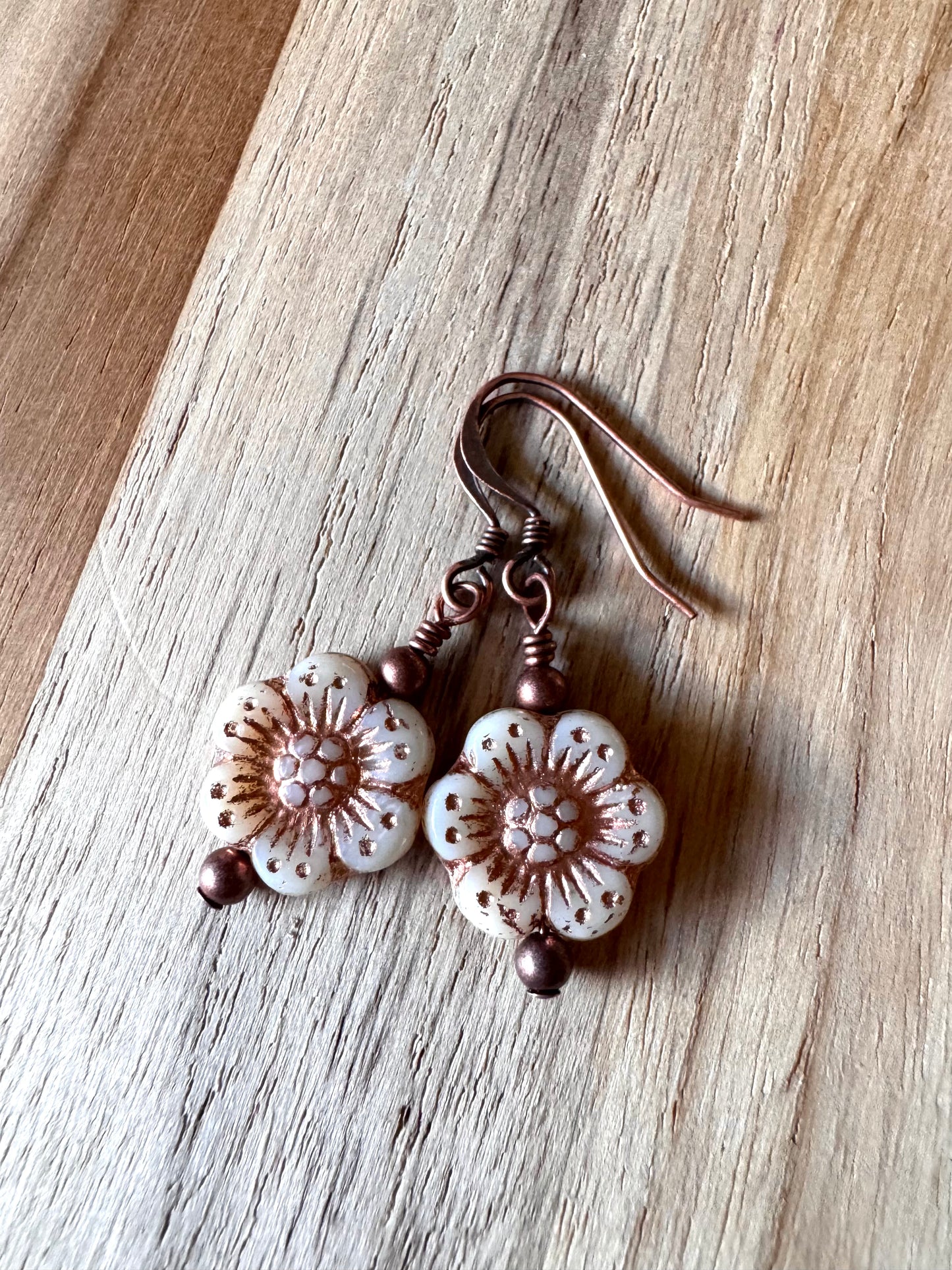 Antiqued Copper Boho Ivory Anemone Czech Glass Flower Earrings