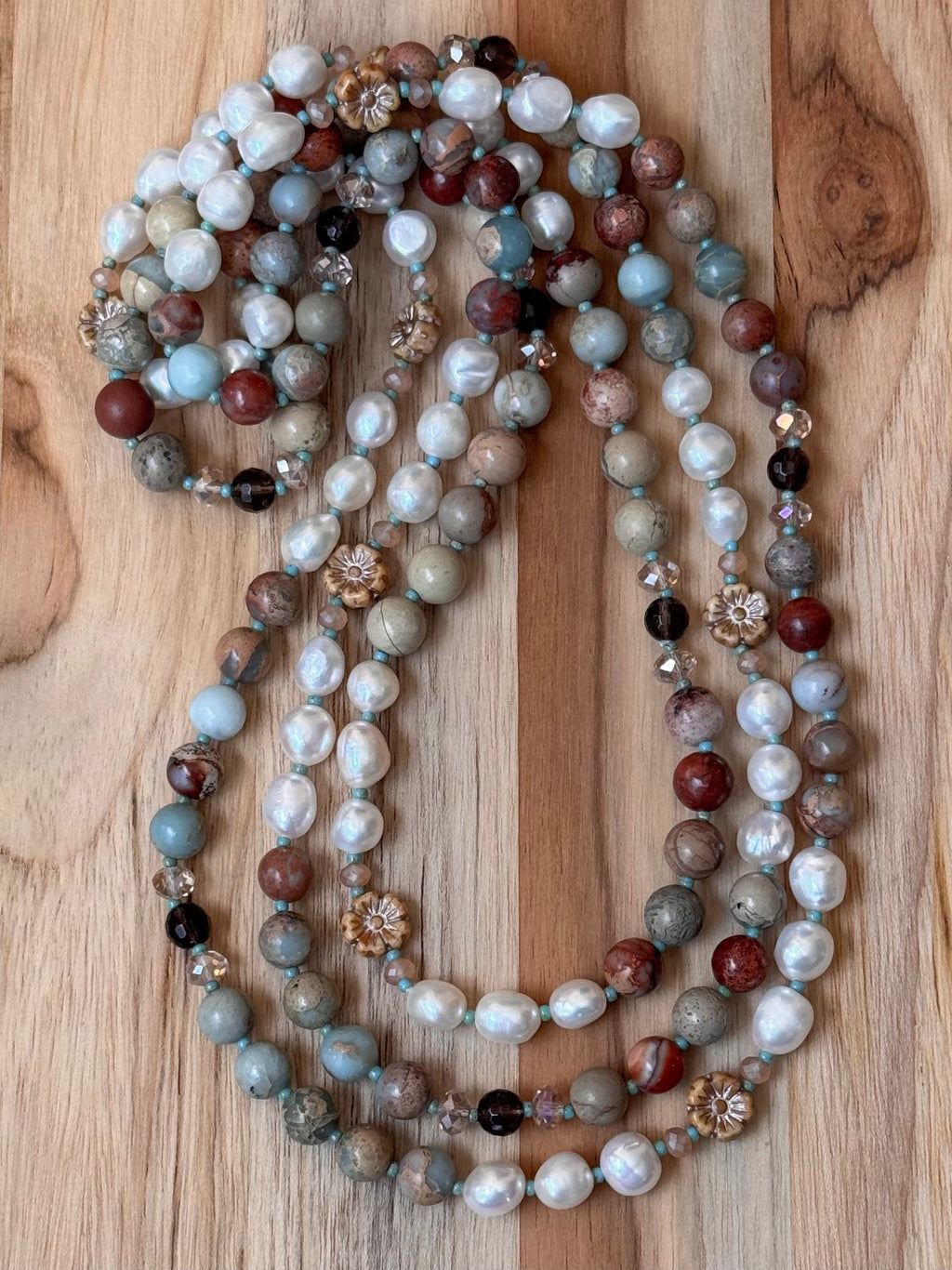 58” Extra Long Wraparound Style Beaded Necklace with Peruvian Green Opal White Freshwater Pearls and Crystal Beads