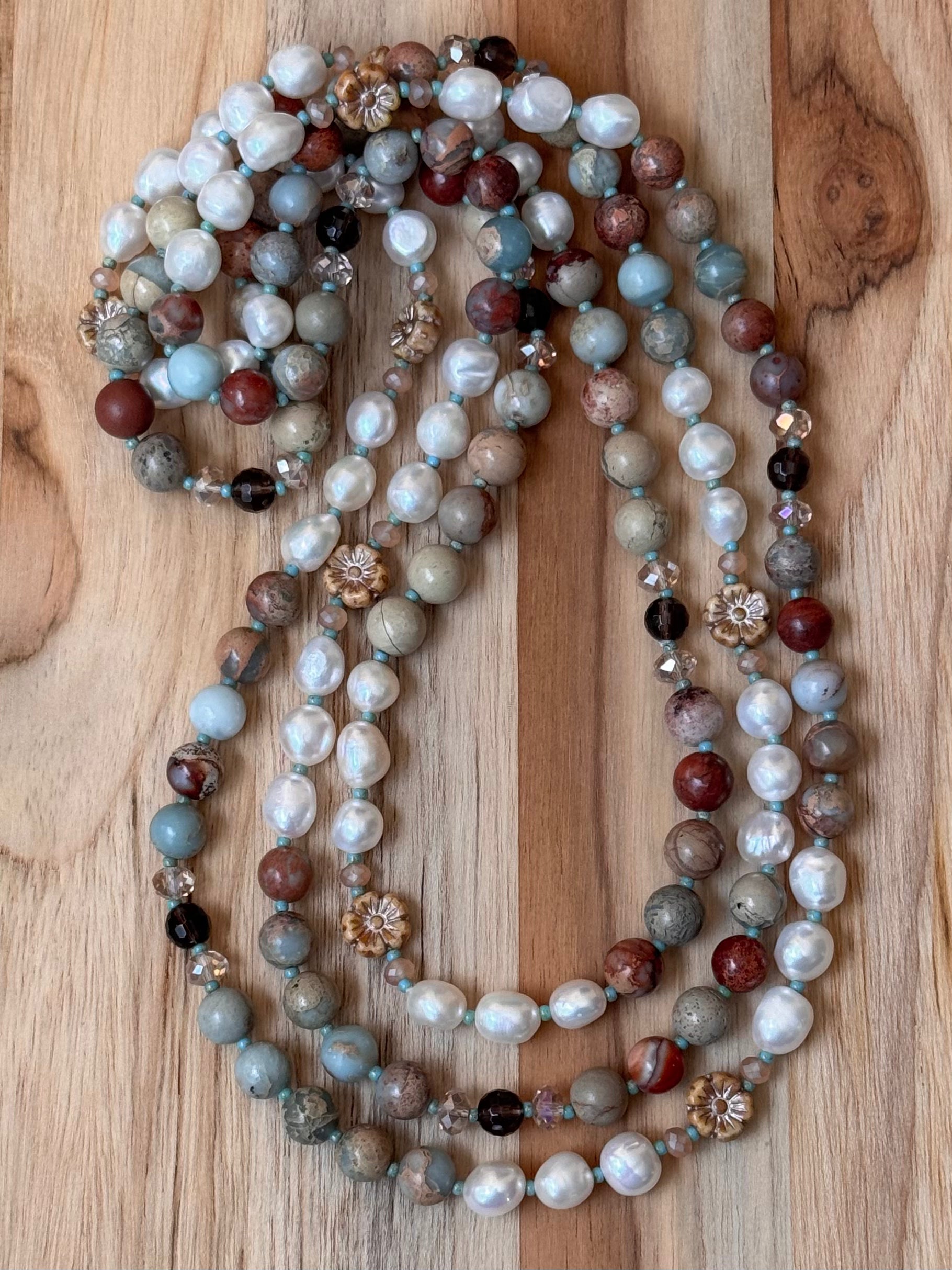 58” Extra Long Wraparound Style Beaded Necklace with Peruvian Green Opal White Freshwater Pearls and Crystal Beads