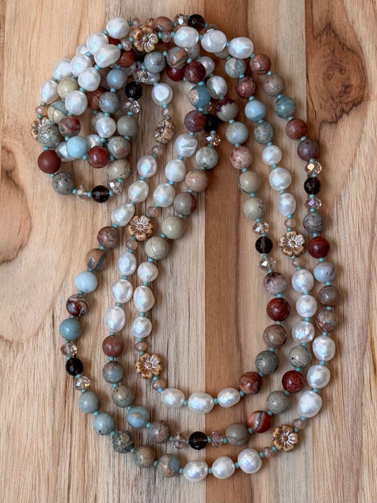 Extra Long Wraparound Style Beaded Necklace with Peruvian Green Opal White Freshwater Pearls and Crystal Beads