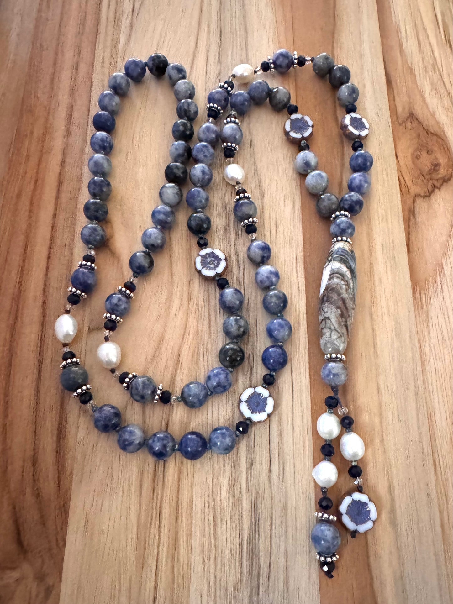 Agate Column Beaded Dangle Boho Necklace with Blue Spot Jasper, Pearls and Glass Beads