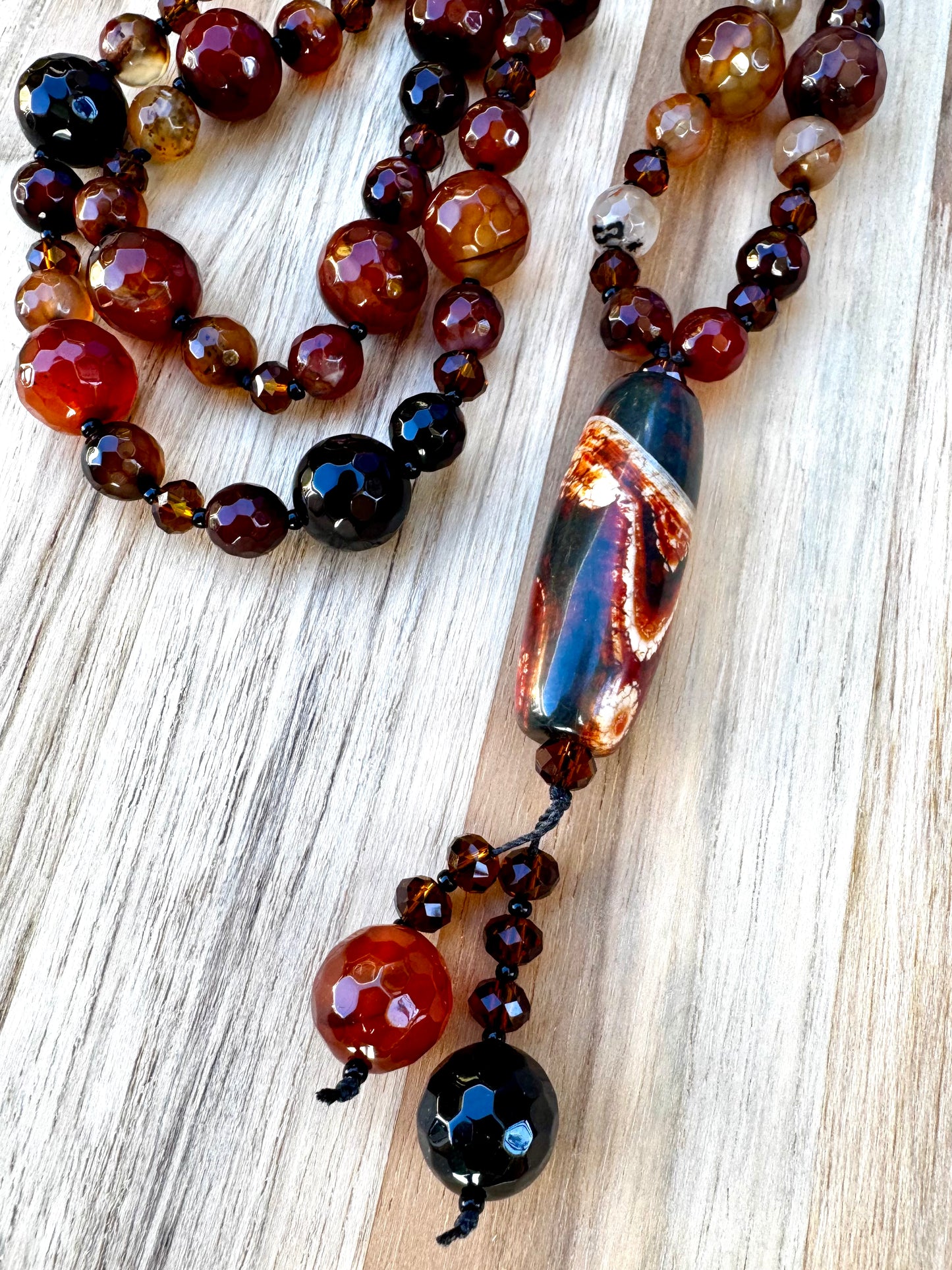 26" Agate Column Pendant Necklace with Black Brown Agate and Crystal Beads