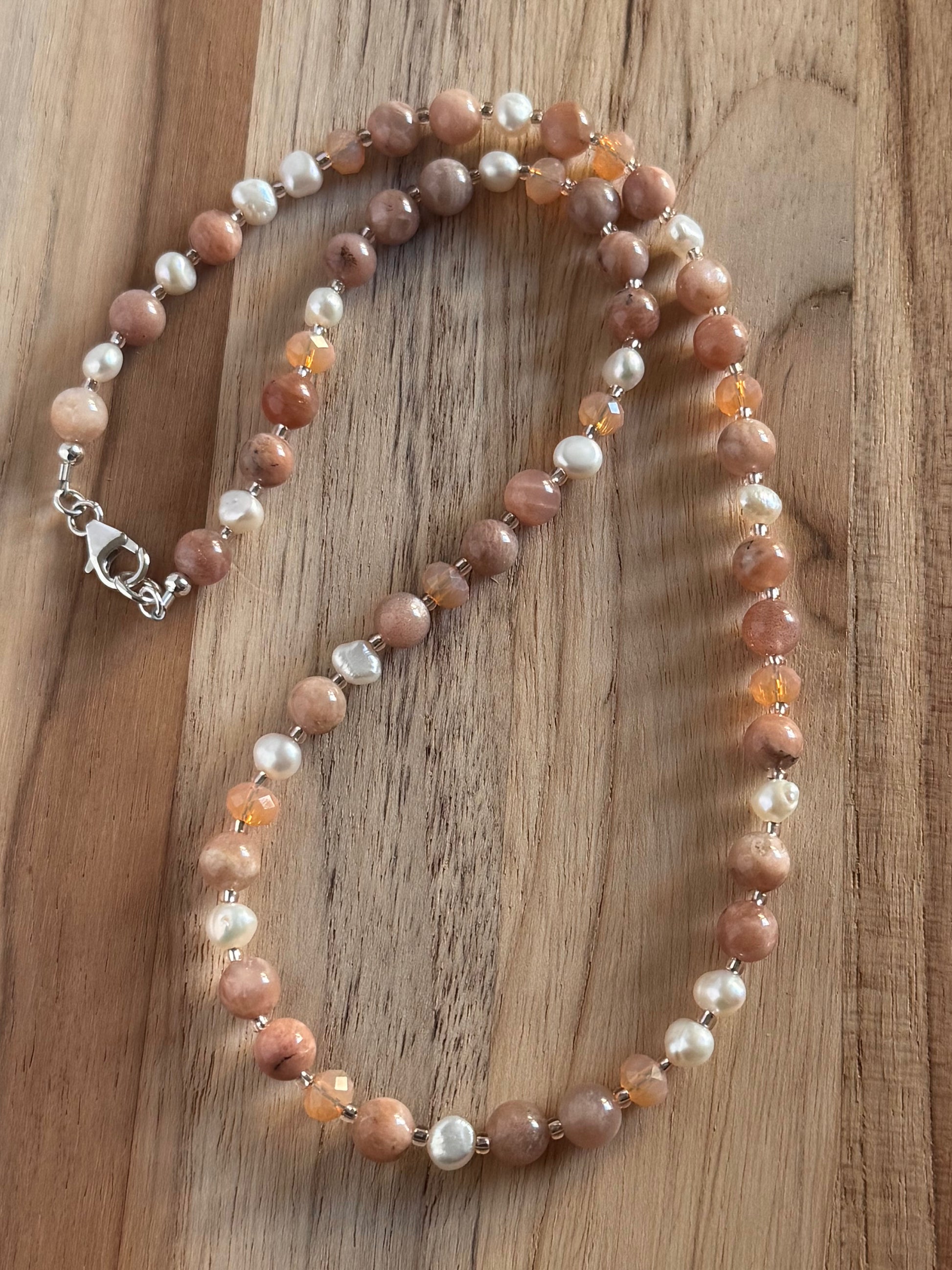 Short Dainty Sunstone and Freshwater pearl Necklace with Crystal Accents ~ Sterling Silver