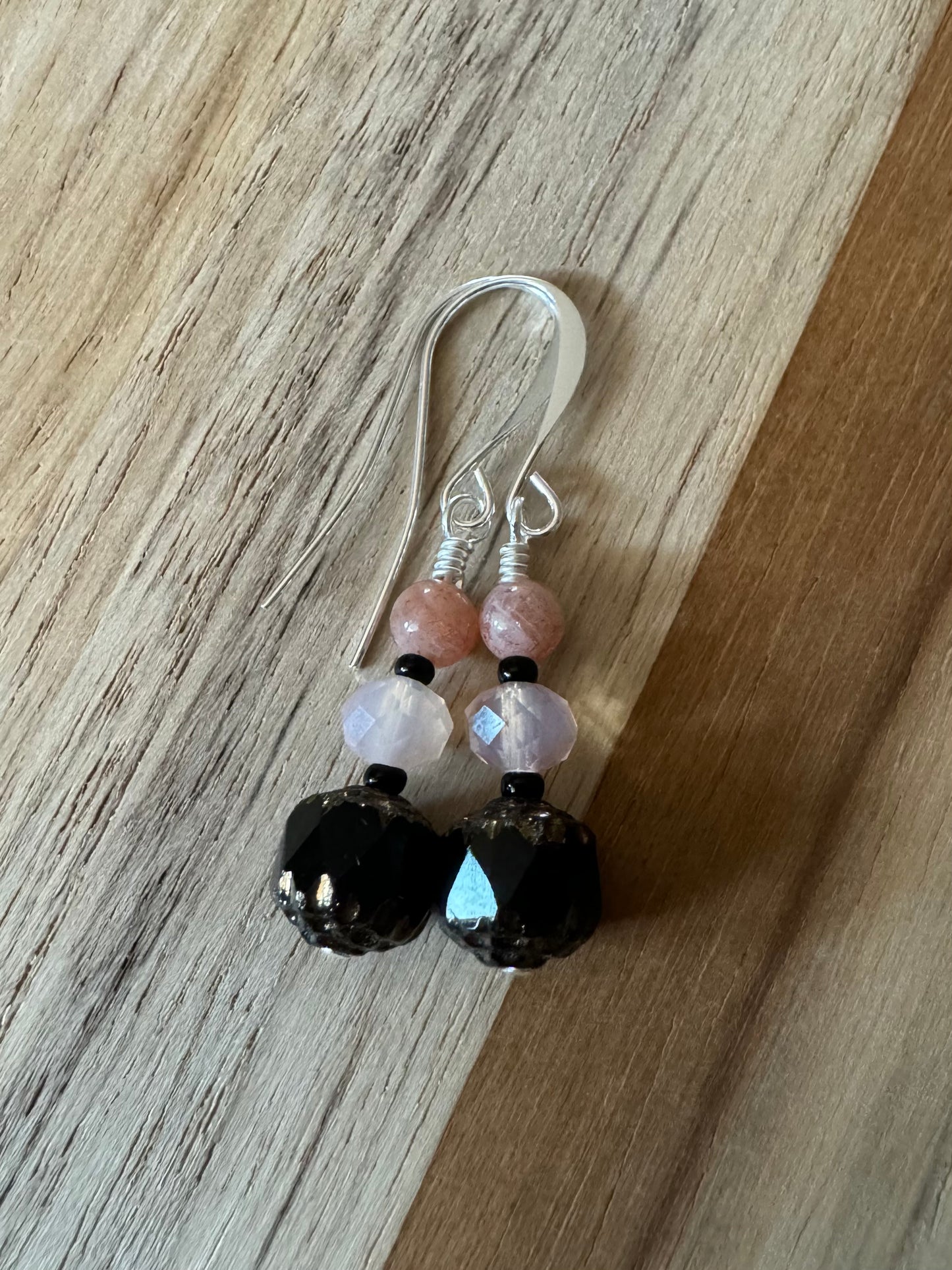 Black Czech Glass Dangle Earrings with Pink Crystal and Peach Strawberry Quartz Beads - My Urban Gems