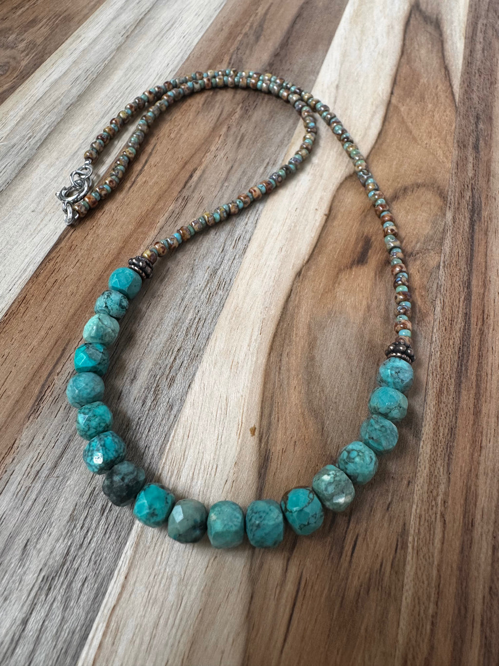 Dainty Turquoise Cube Beaded Necklace with Copper and Seed Beads