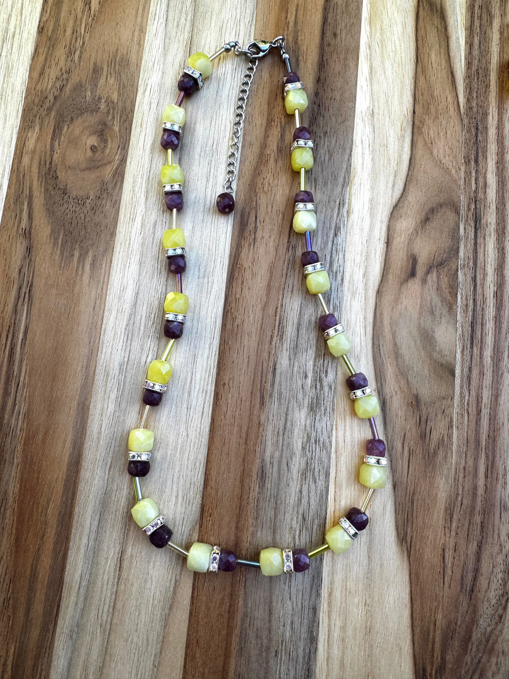 16” Lemon Jade and Purple Garnet Cube Style Necklace with Crystal Rondelles ~ Stainless steel