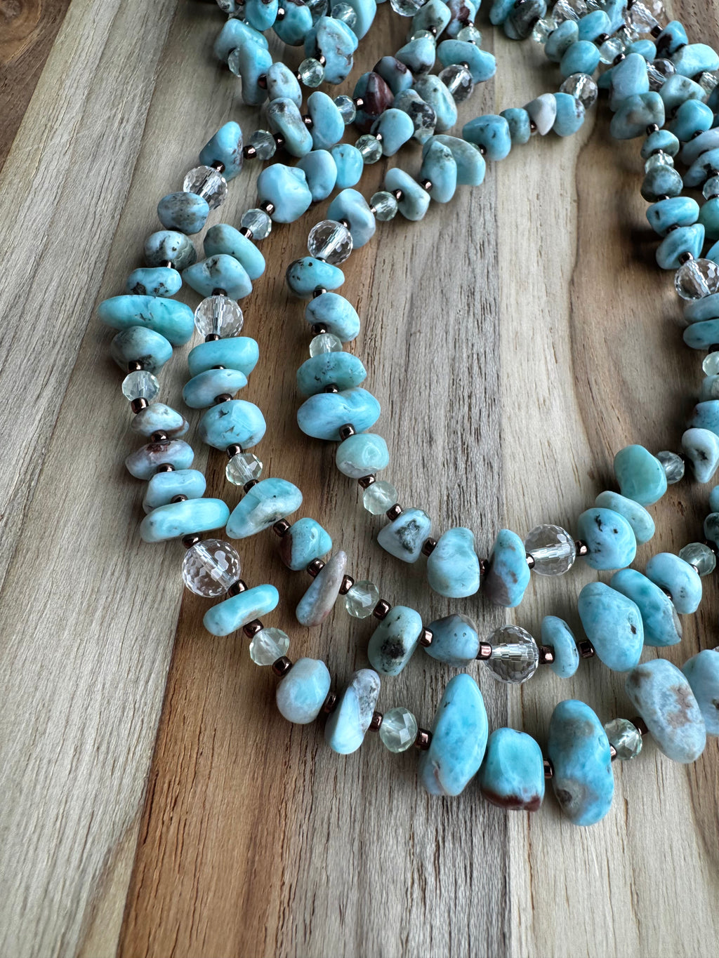 55” Extra Long Wraparound Larimar Necklace with Crystal Beads