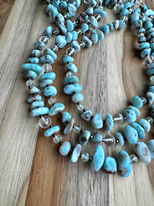 55” Extra Long Wraparound Larimar Necklace with Crystal Beads