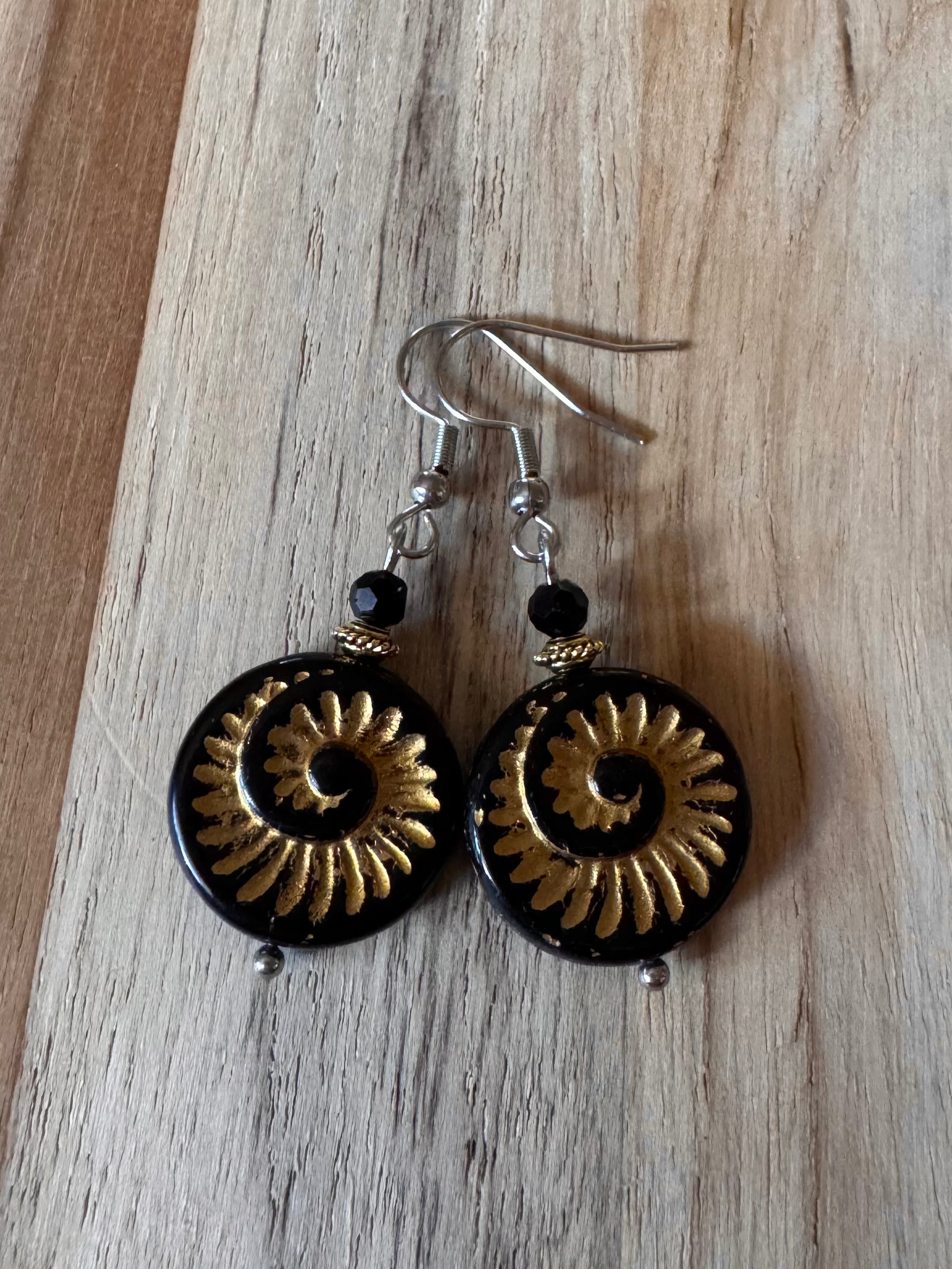 Black and Gold Color Czech Glass Dangle Earrings with Crystal Accent