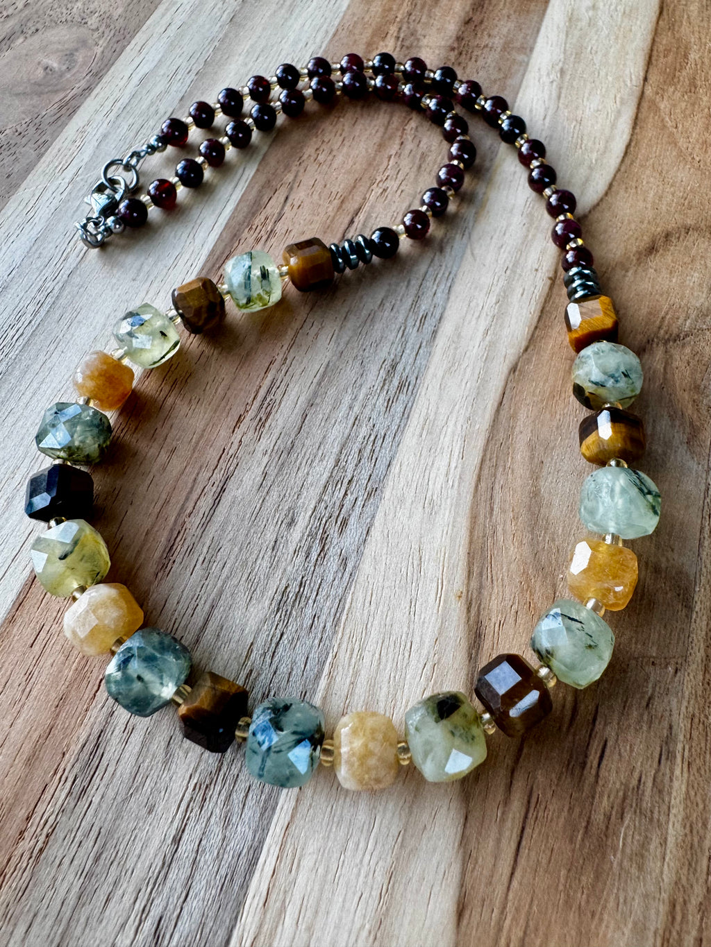 Short Layering 16” Necklace with Prehnite Yellow Jade Tigereye and Garnet Beads
