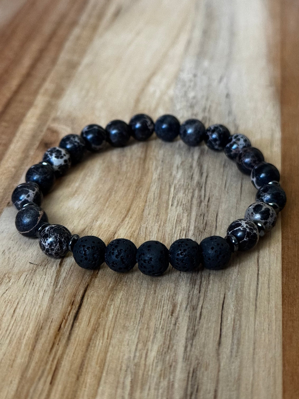 Men’s/Unisex Aromatherapy Beaded Stretch Bracelet with Black Sea Sediment Jasper & Lava Stone ~ 7.5”