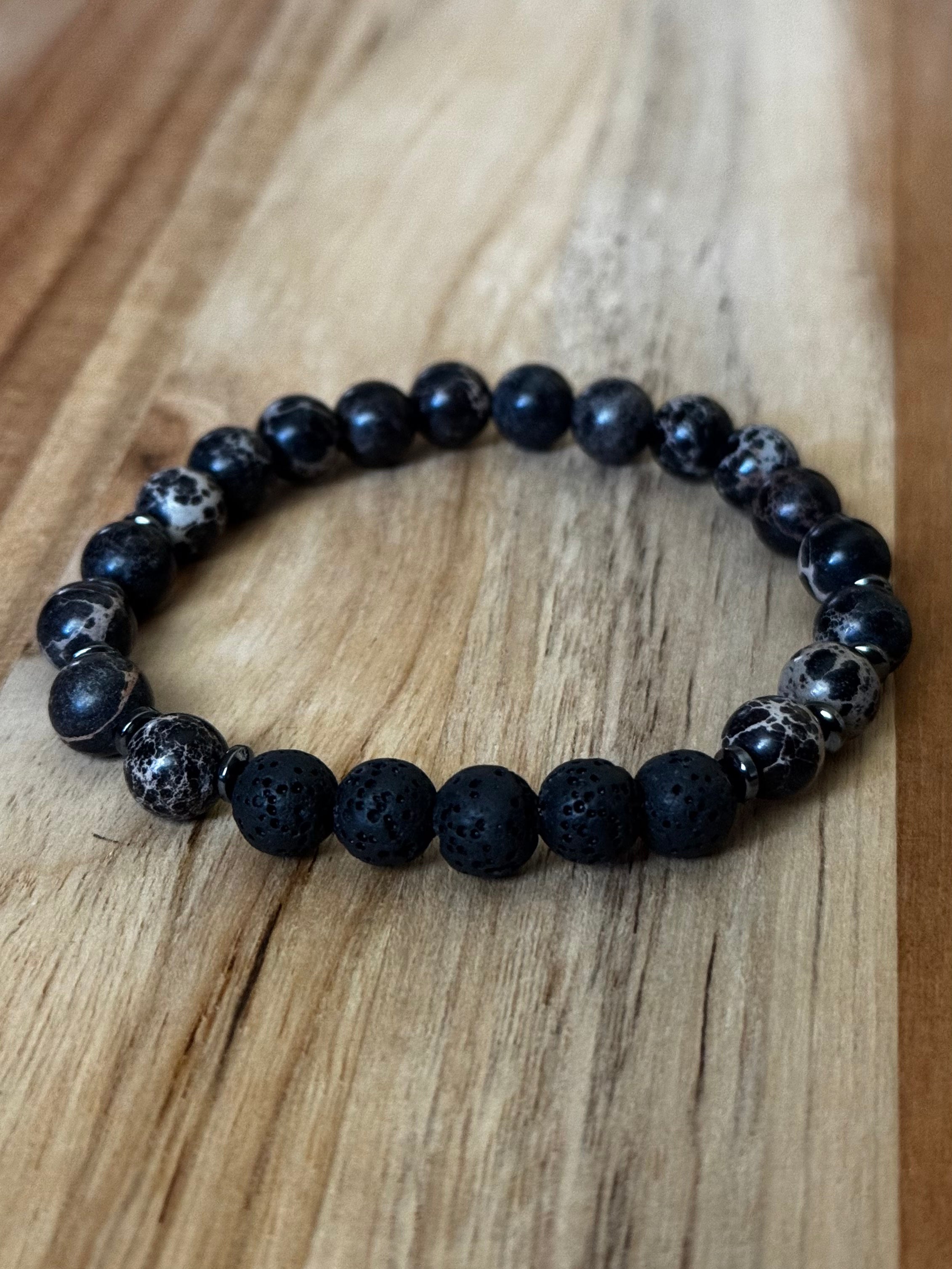 Men’s/Unisex Aromatherapy Beaded Stretch Bracelet with Black Sea Sediment Jasper & Lava Stone ~ 7.5”