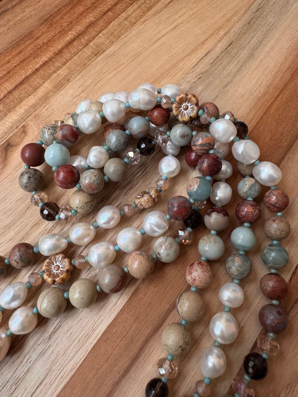 58” Extra Long Wraparound Style Beaded Necklace with Peruvian Green Opal White Freshwater Pearls and Crystal Beads