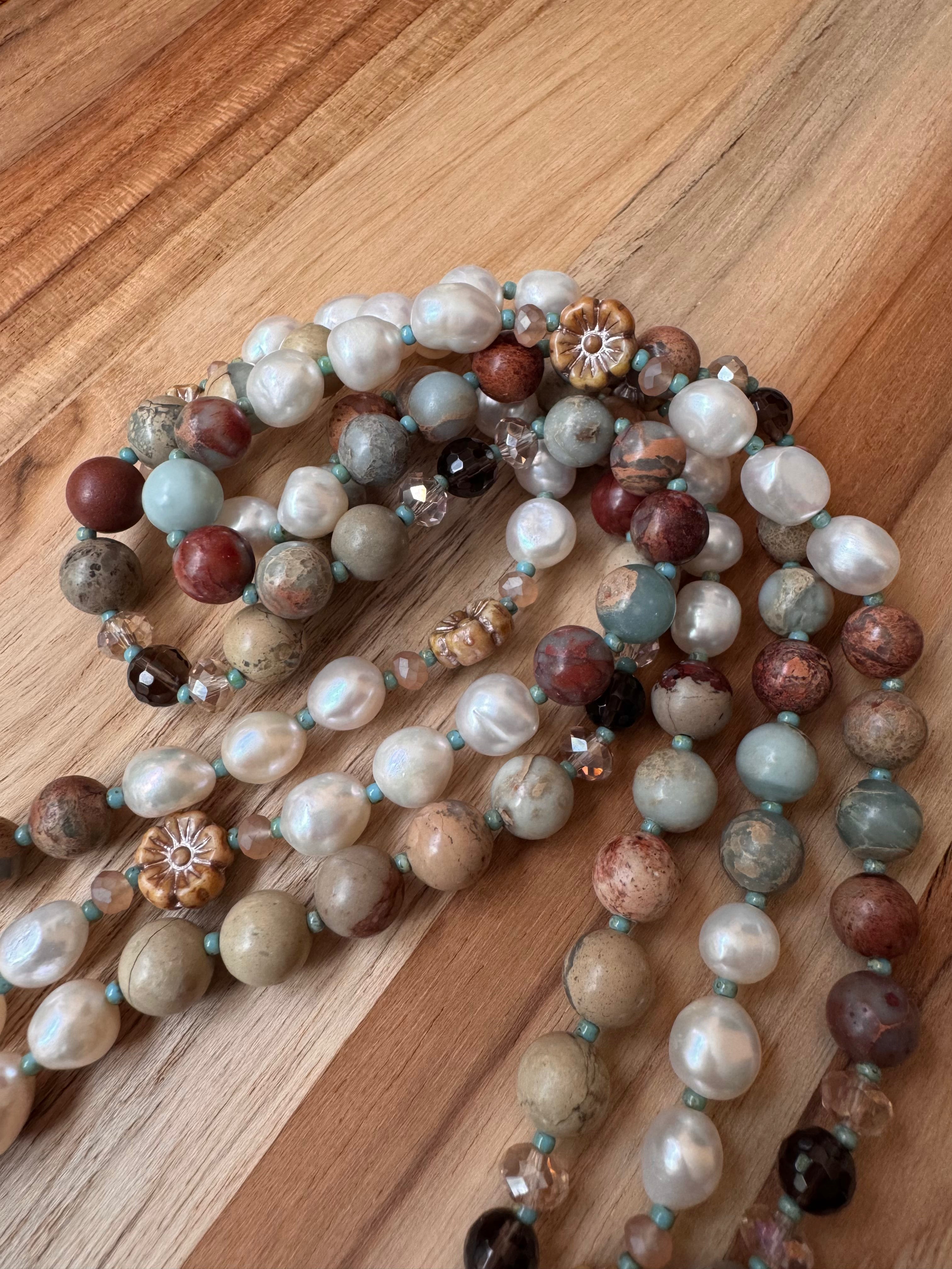 58” Extra Long Wraparound Style Beaded Necklace with Peruvian Green Opal White Freshwater Pearls and Crystal Beads