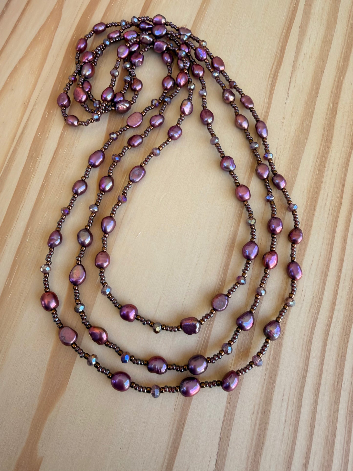 60 Inch Extra Long Wraparound Beaded Necklace with Cranberry freshwater pearls and Crystal Beads
