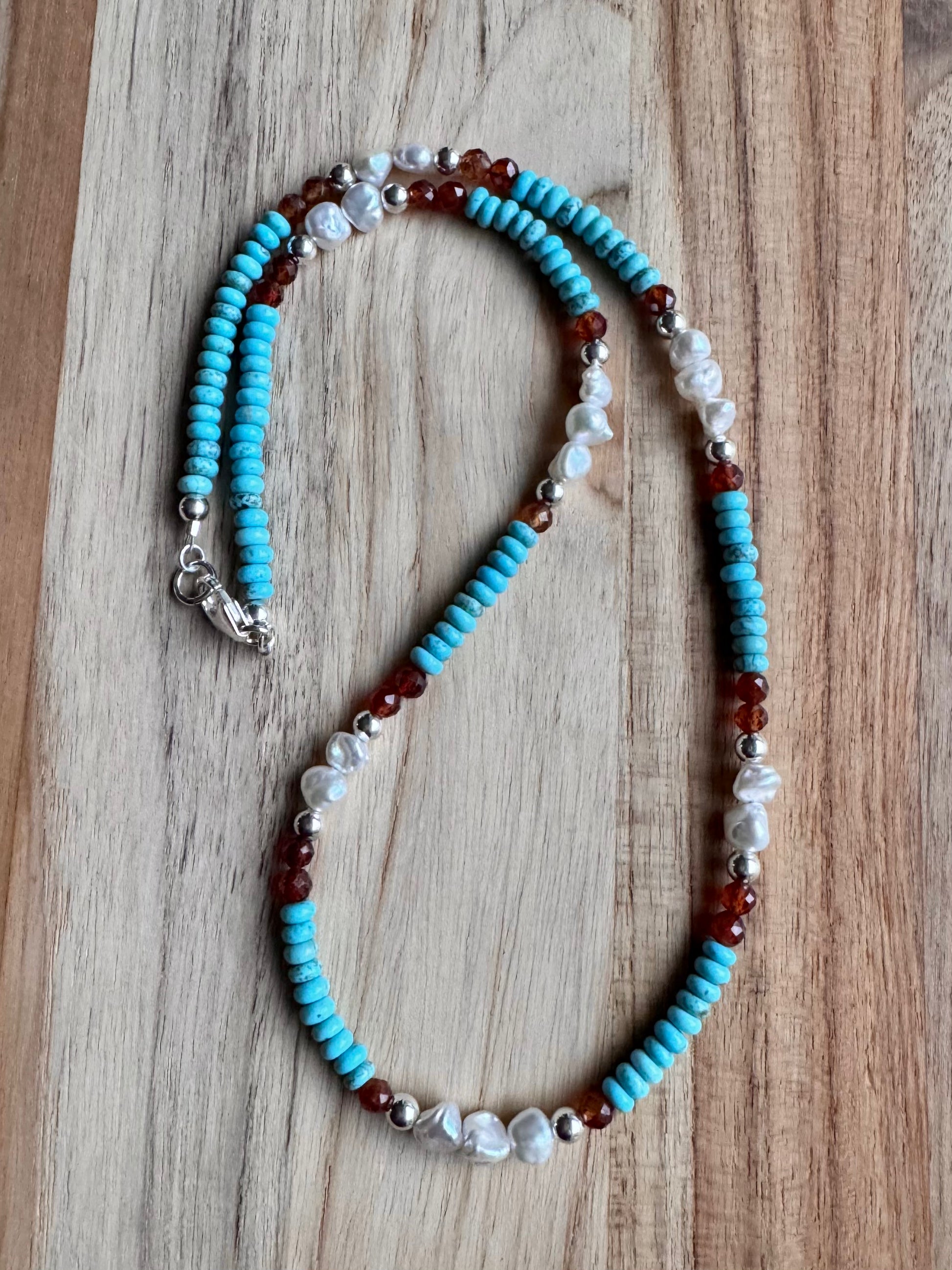 Dainty Nevada Turquoise Beaded Necklace with Orange Garnet and Keshi Pearls