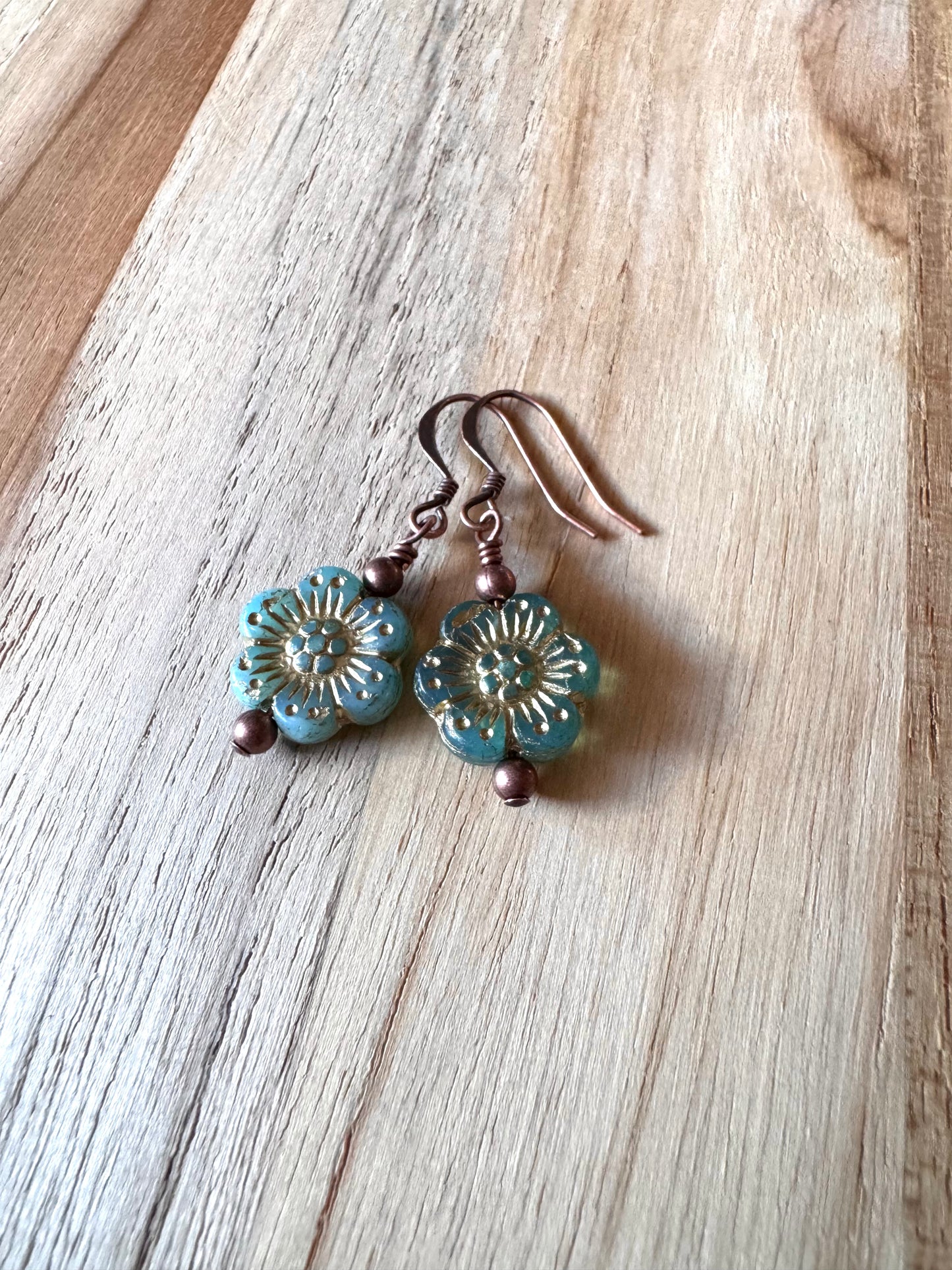 Antiqued Copper Boho Teal Anemone Czech Glass Flower Earrings