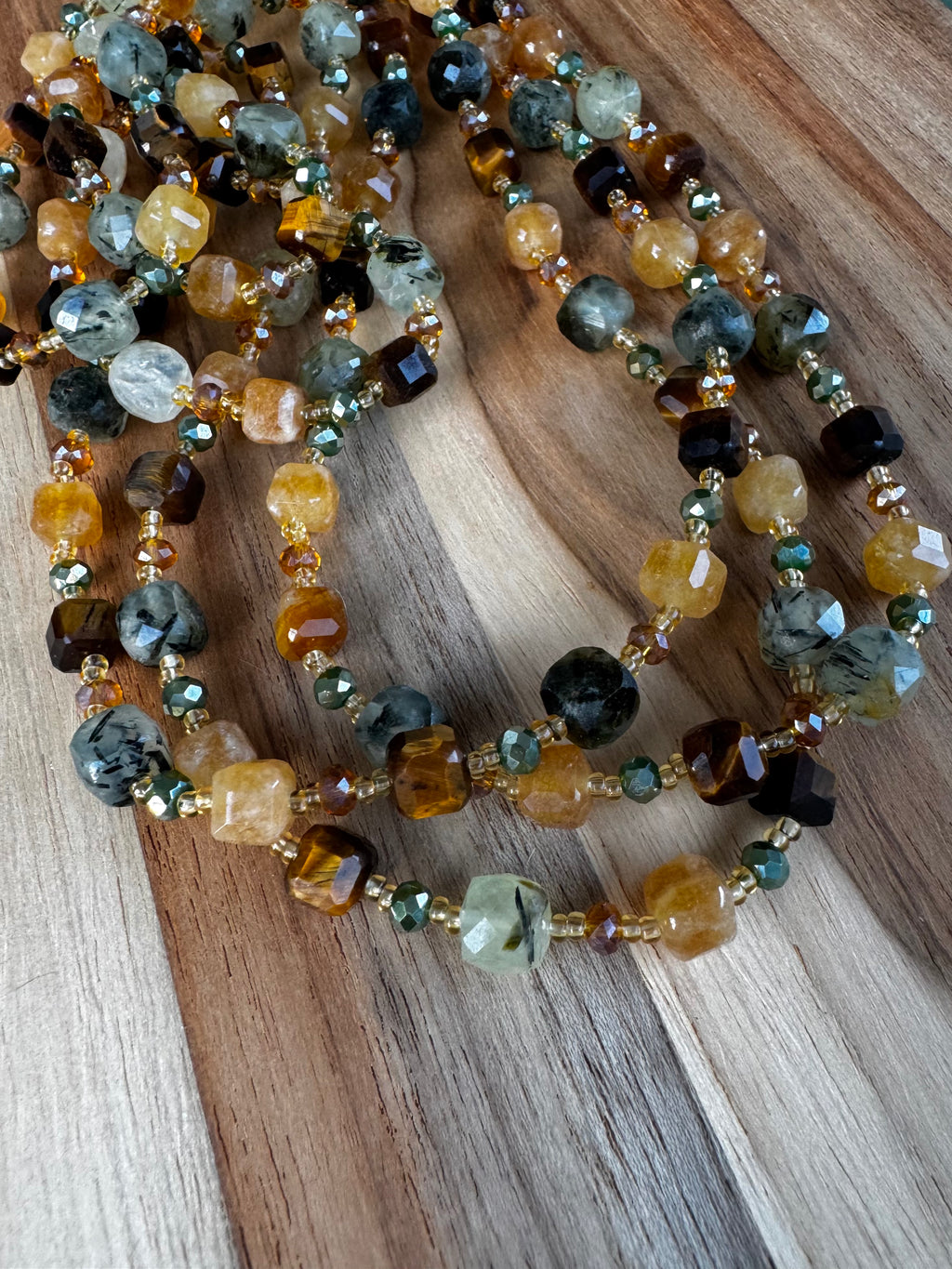 Extra Long Wraparound Layering Necklace with Prehnite Yellow Jade Tigereye and Crystal Beads