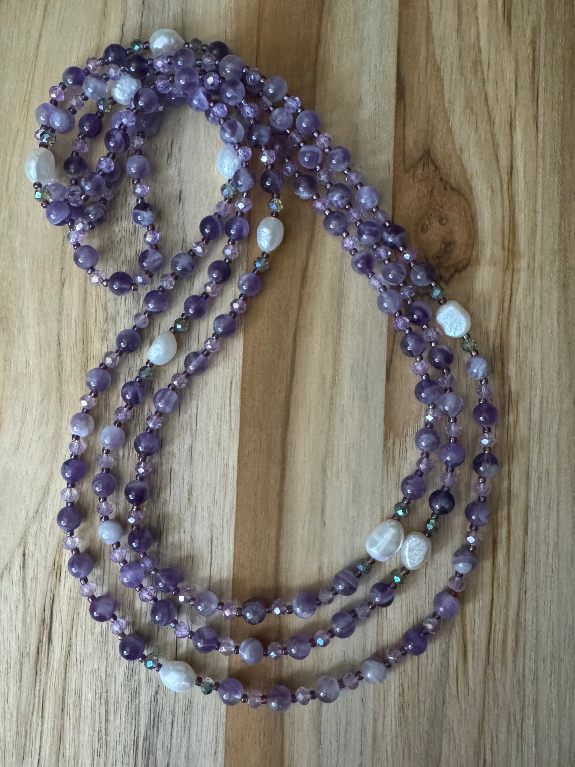 My urban gems - Extra Long 60” Wraparound Style Amethyst Beaded Necklace with White Pearl and Crystal Beads