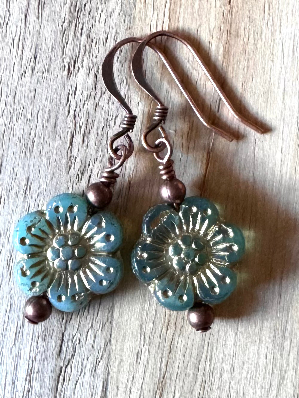 Antiqued Copper Boho Teal Anemone Czech Glass Flower Earrings