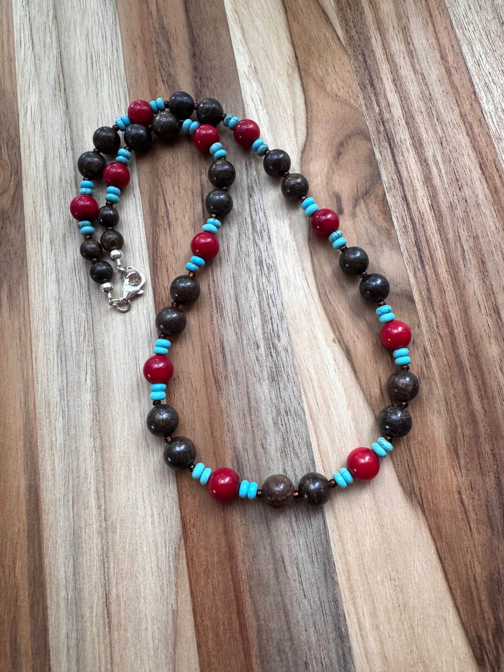 18” Long Bronzite Beaded Necklace with Red Coral and Nevada Turquoise Beads ~ Sterling Silver