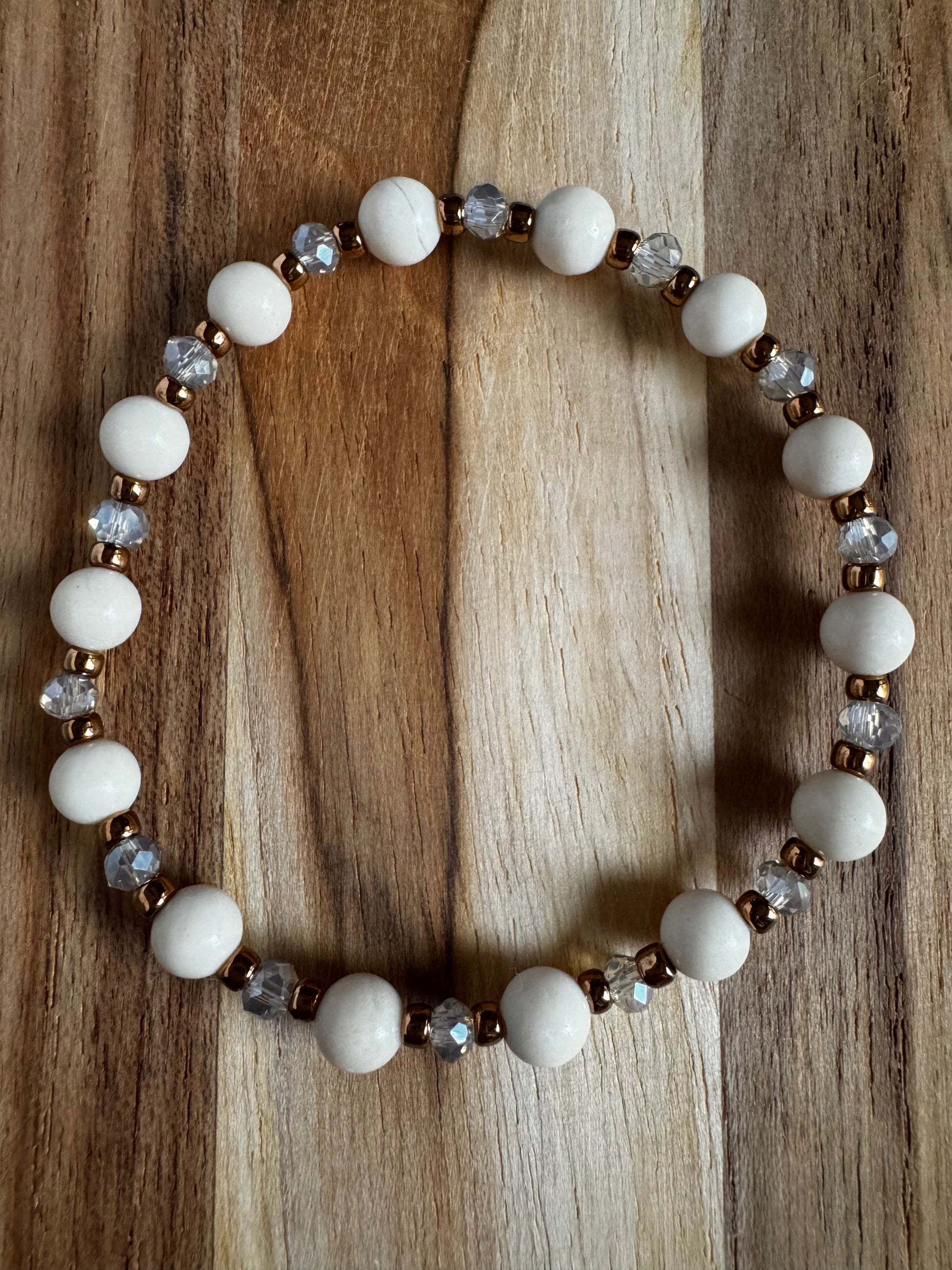 Dainty Riverstone and Crystal Stretch Bracelet ~ 7”  6mm and 4mm beads