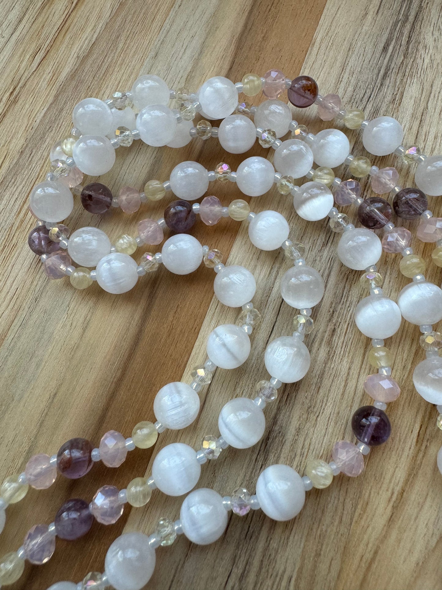 Extra Long 60” Wraparound Style White and Yellow Selenite Beaded Necklace with Super 7 and Crystal Beads